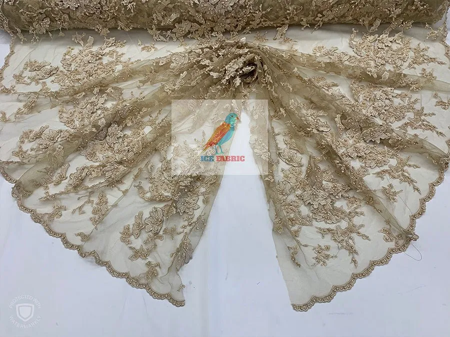 Embroidered Beaded 3D Floral Flowers Beaded Mesh Lace Fabric By The Yard