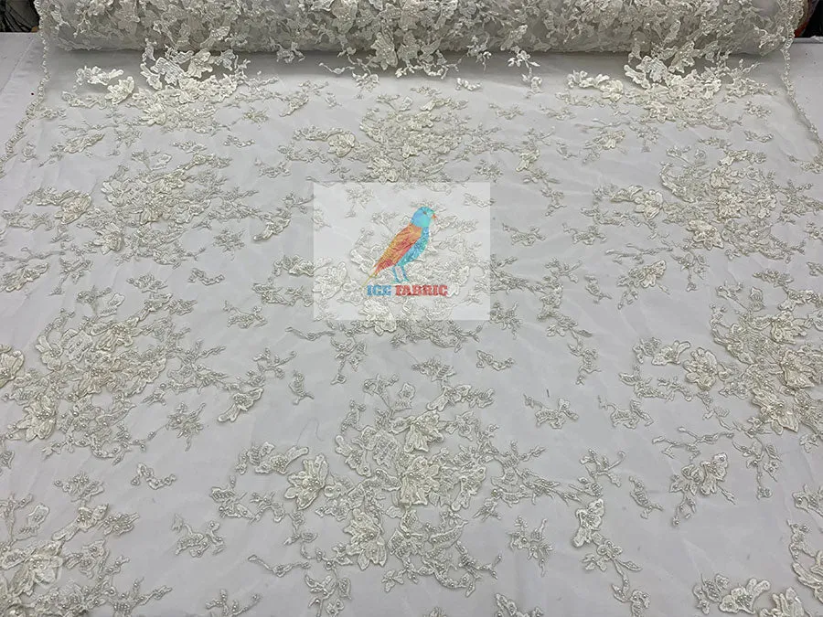 Embroidered Beaded 3D Floral Flowers Beaded Mesh Lace Fabric By The Yard