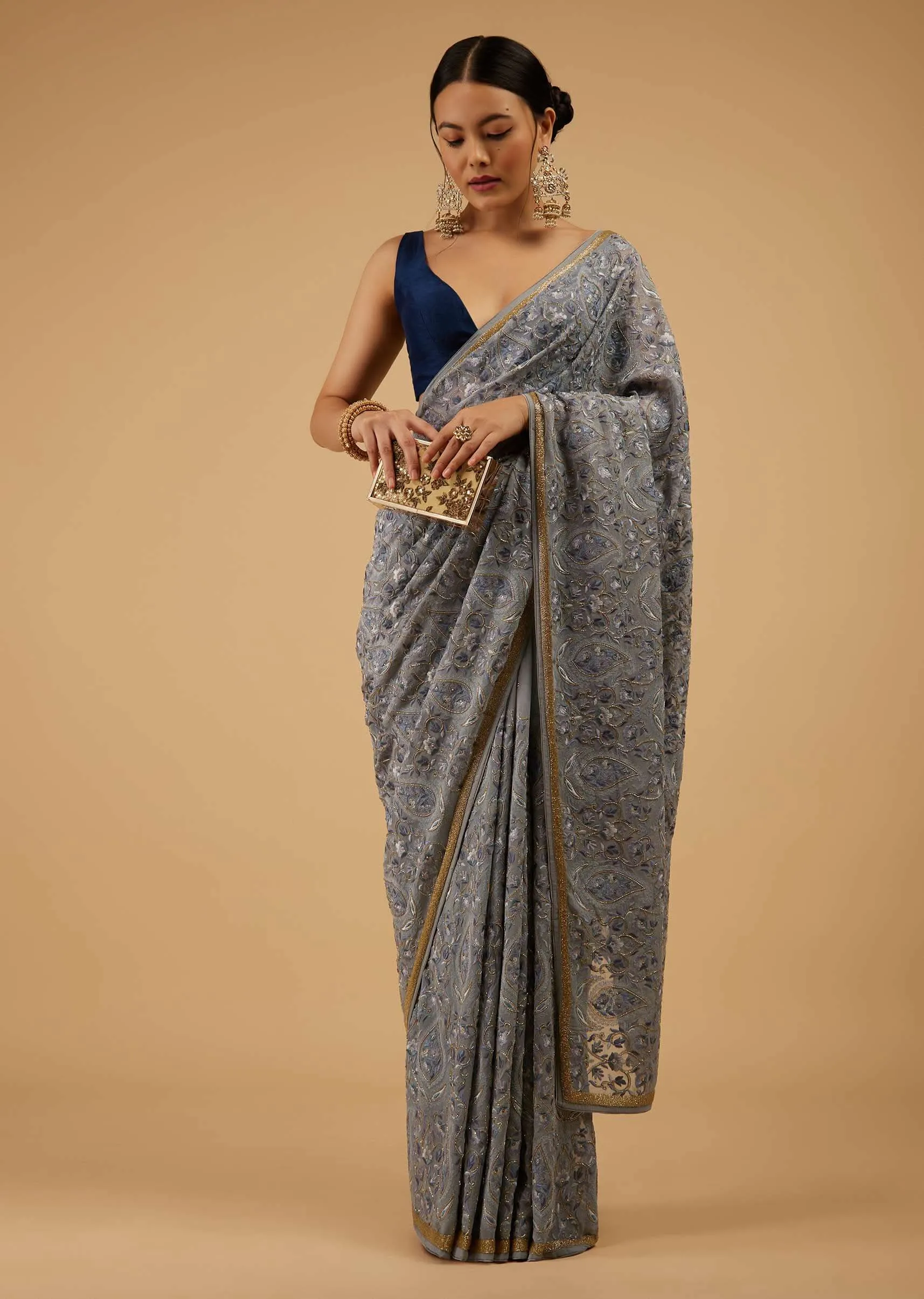 Festive Fog Grey Saree Kashmiri Floral Embroidered In Georgette