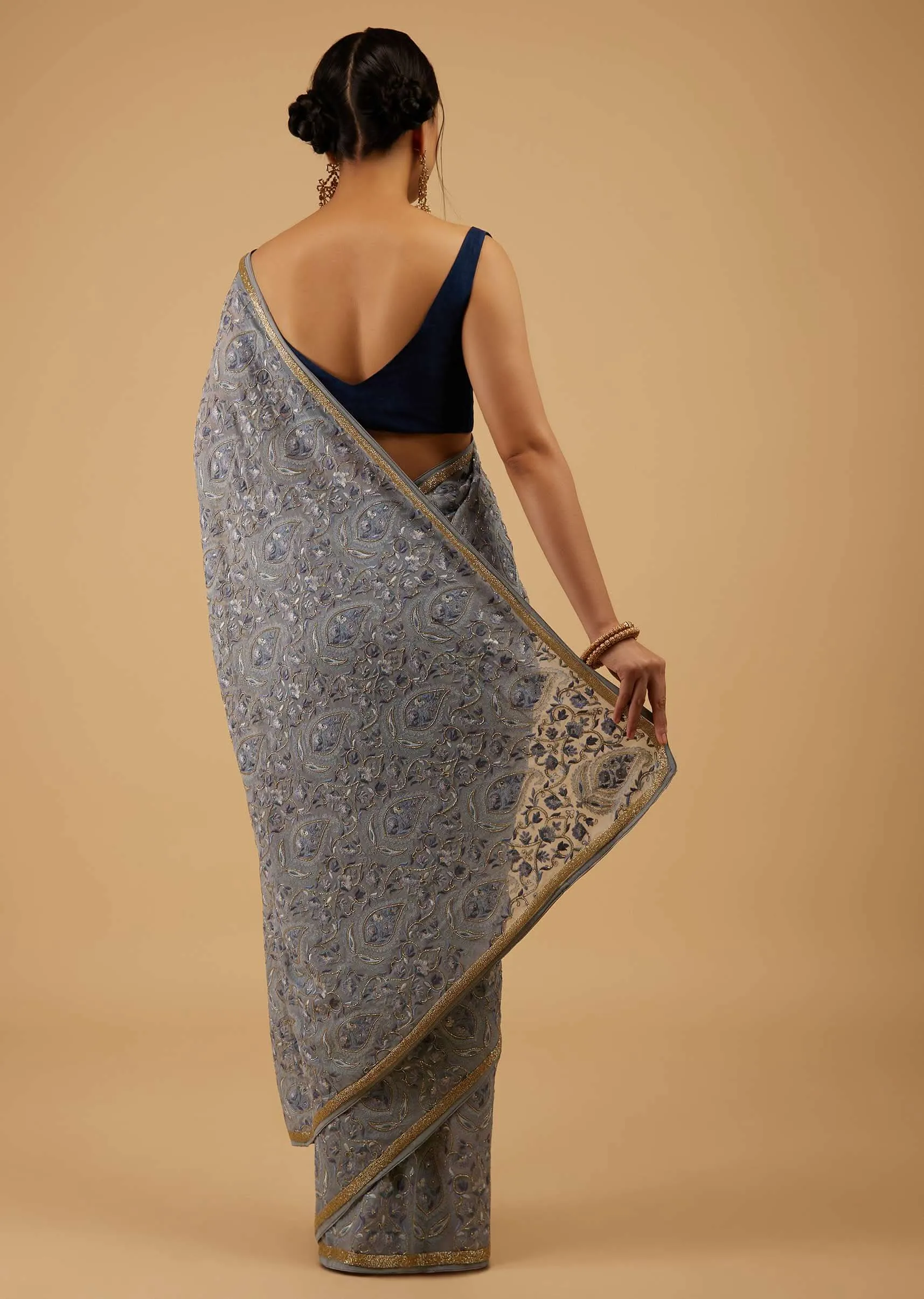 Festive Fog Grey Saree Kashmiri Floral Embroidered In Georgette