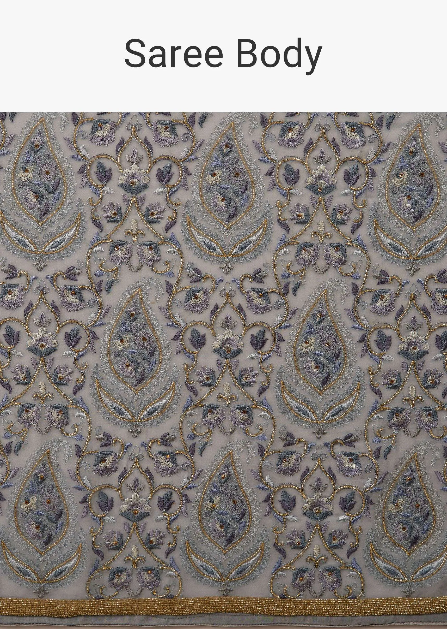 Festive Fog Grey Saree Kashmiri Floral Embroidered In Georgette