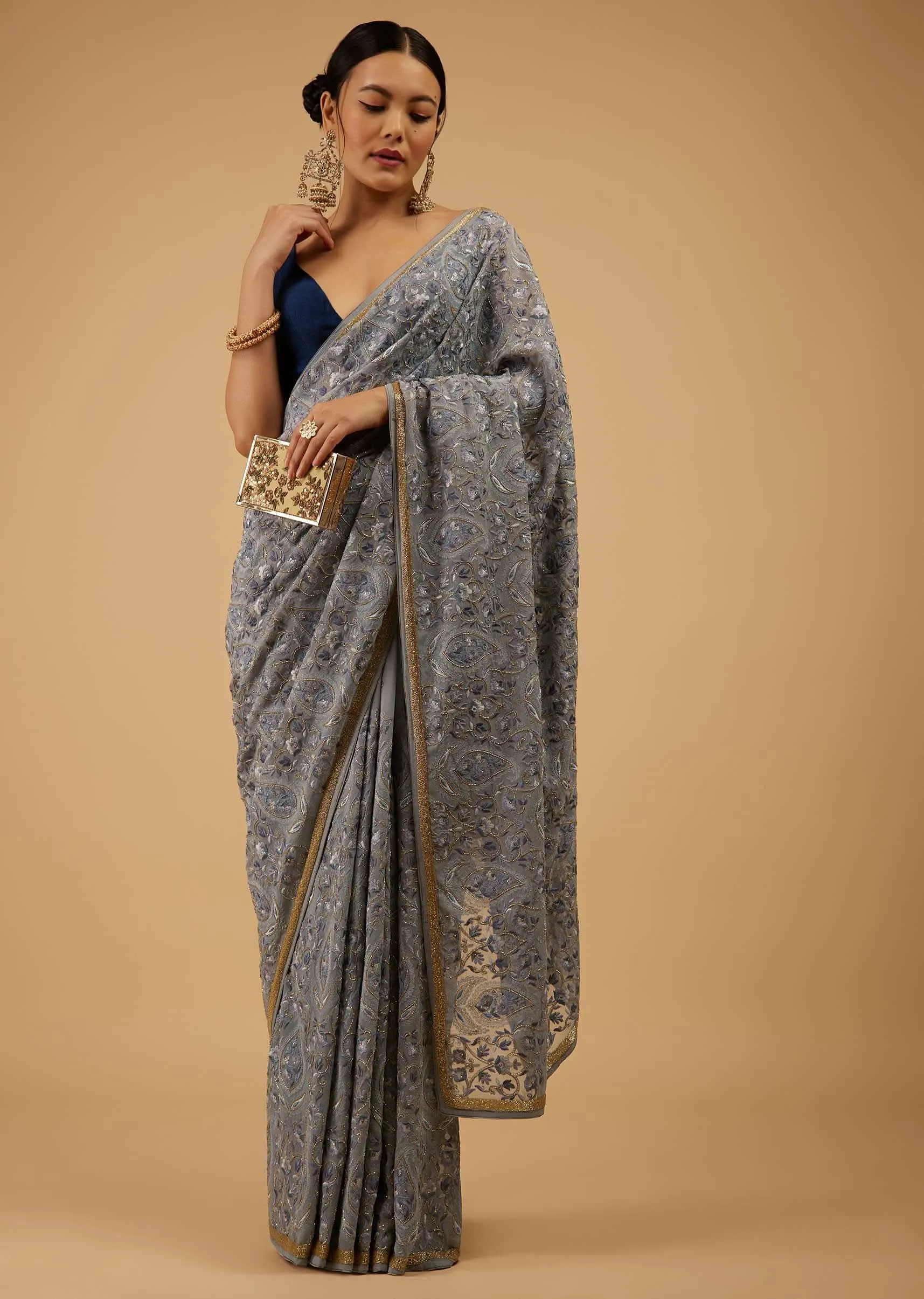 Festive Fog Grey Saree Kashmiri Floral Embroidered In Georgette