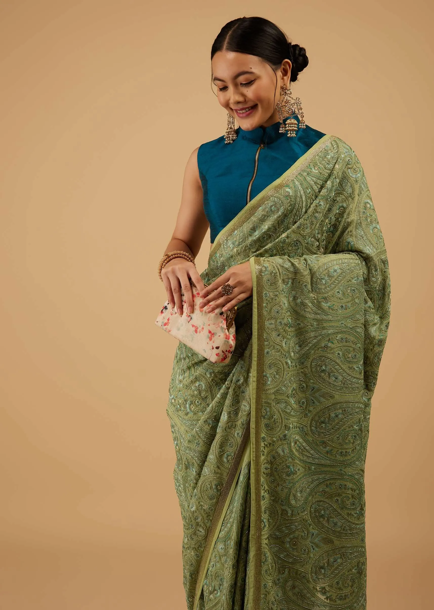 Festive Pista Green Saree Kashmiri Embroidered In Georgette