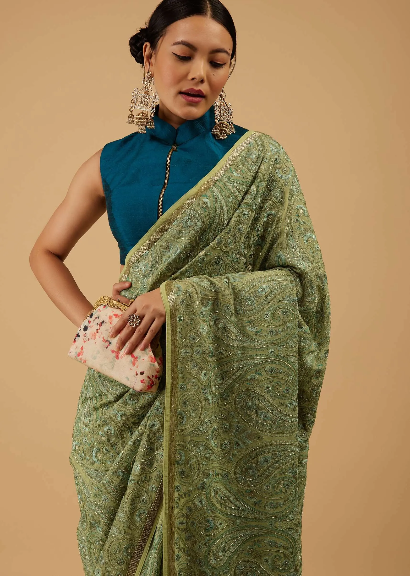Festive Pista Green Saree Kashmiri Embroidered In Georgette