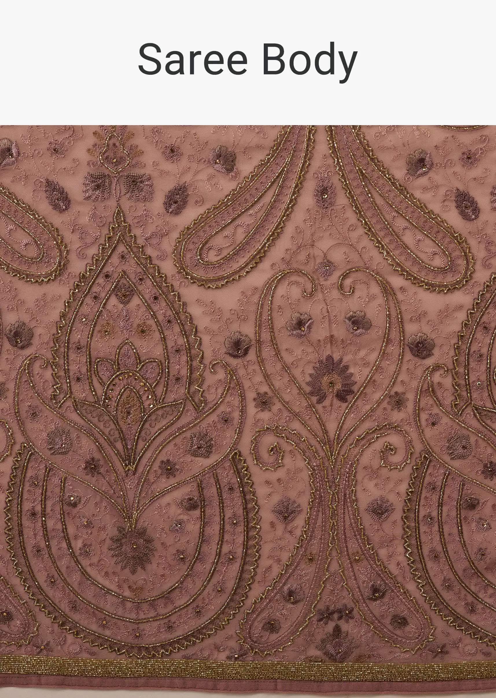 Festive Woodrose Dusty Pink Saree Kashmiri Embroidered In Georgette