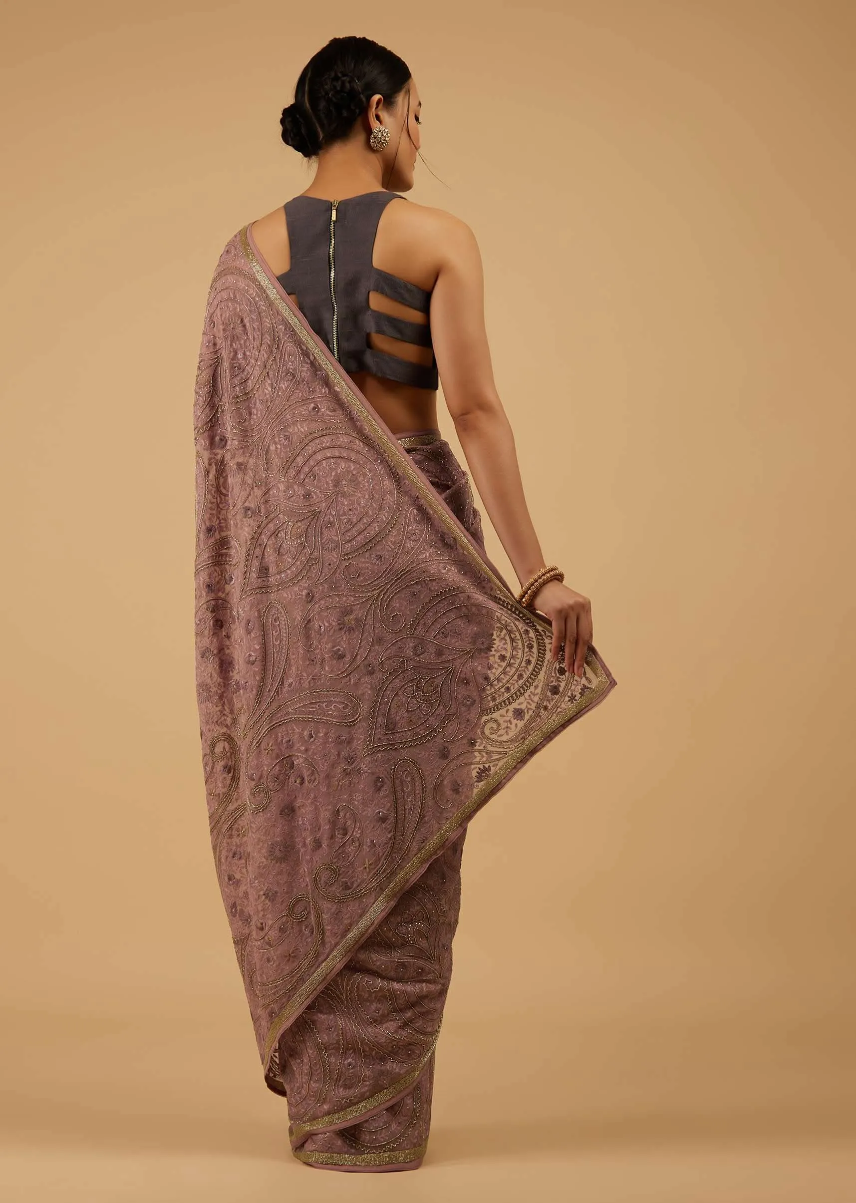 Festive Woodrose Dusty Pink Saree Kashmiri Embroidered In Georgette