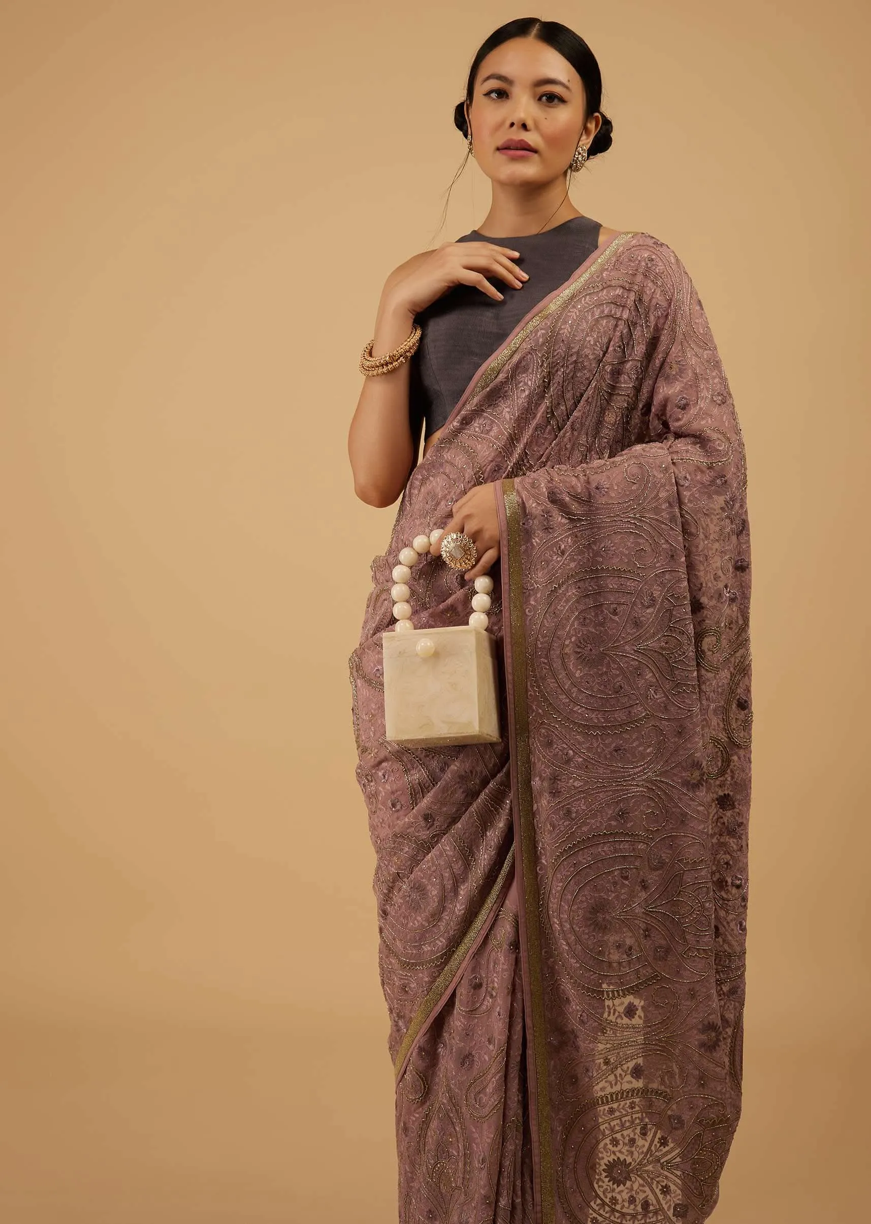 Festive Woodrose Dusty Pink Saree Kashmiri Embroidered In Georgette