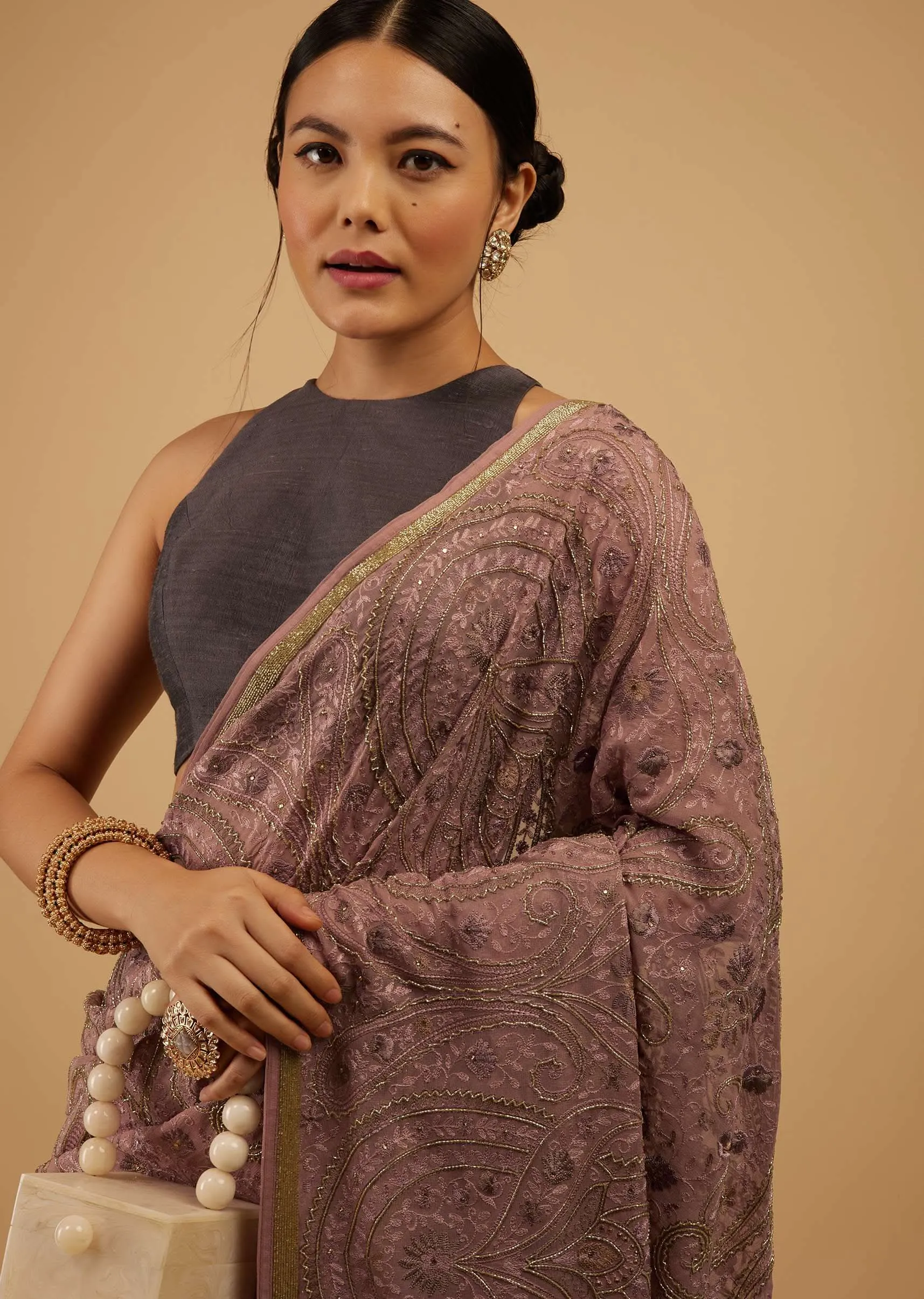 Festive Woodrose Dusty Pink Saree Kashmiri Embroidered In Georgette