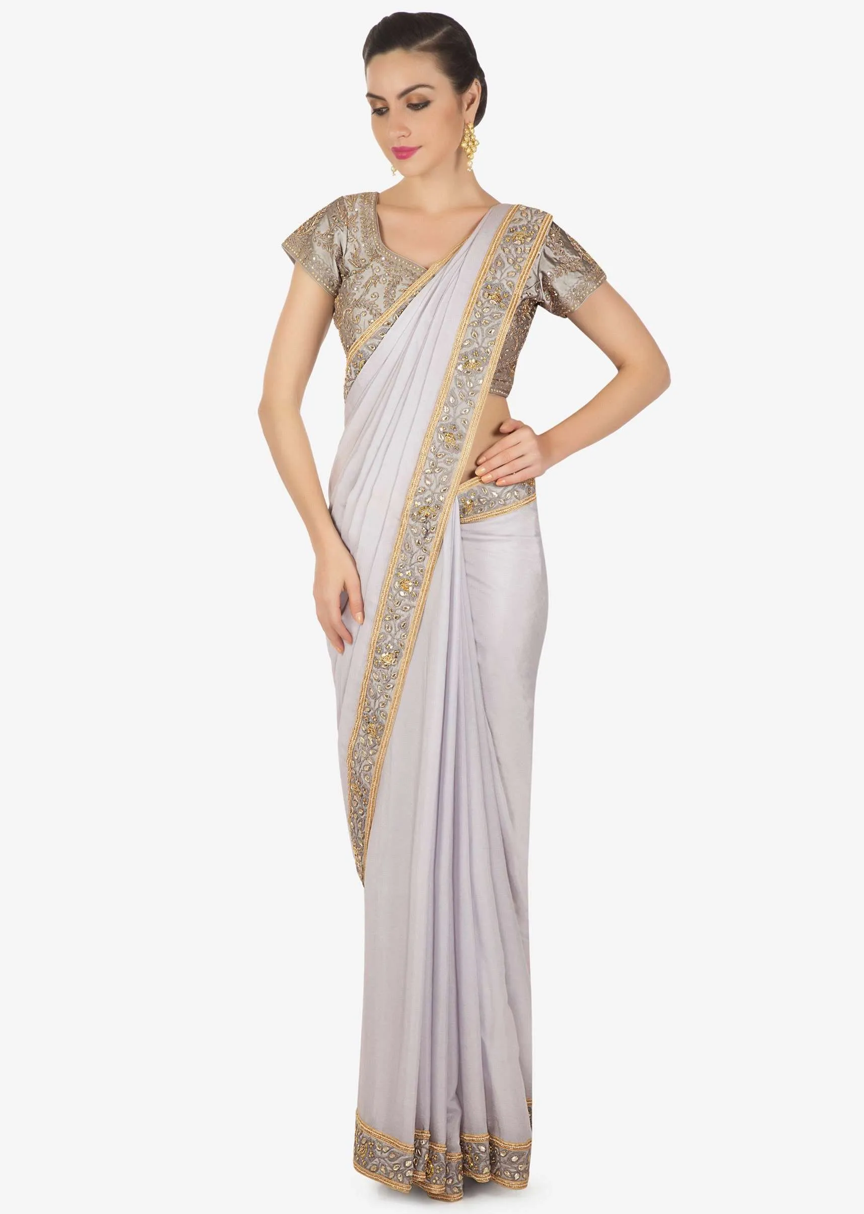 Frost grey saree in satin crepe with thread and kundan border only on Kalki