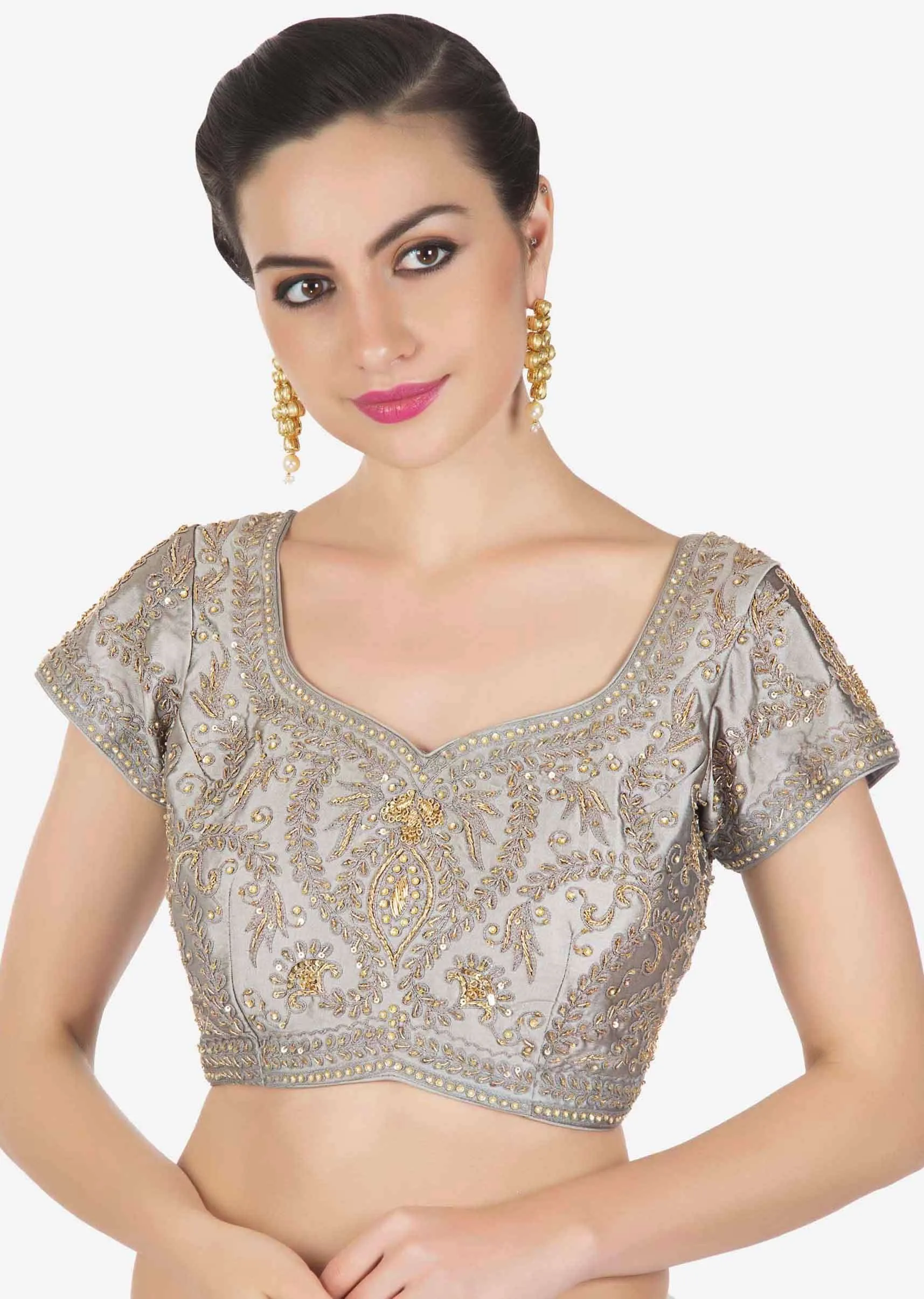 Frost grey saree in satin crepe with thread and kundan border only on Kalki