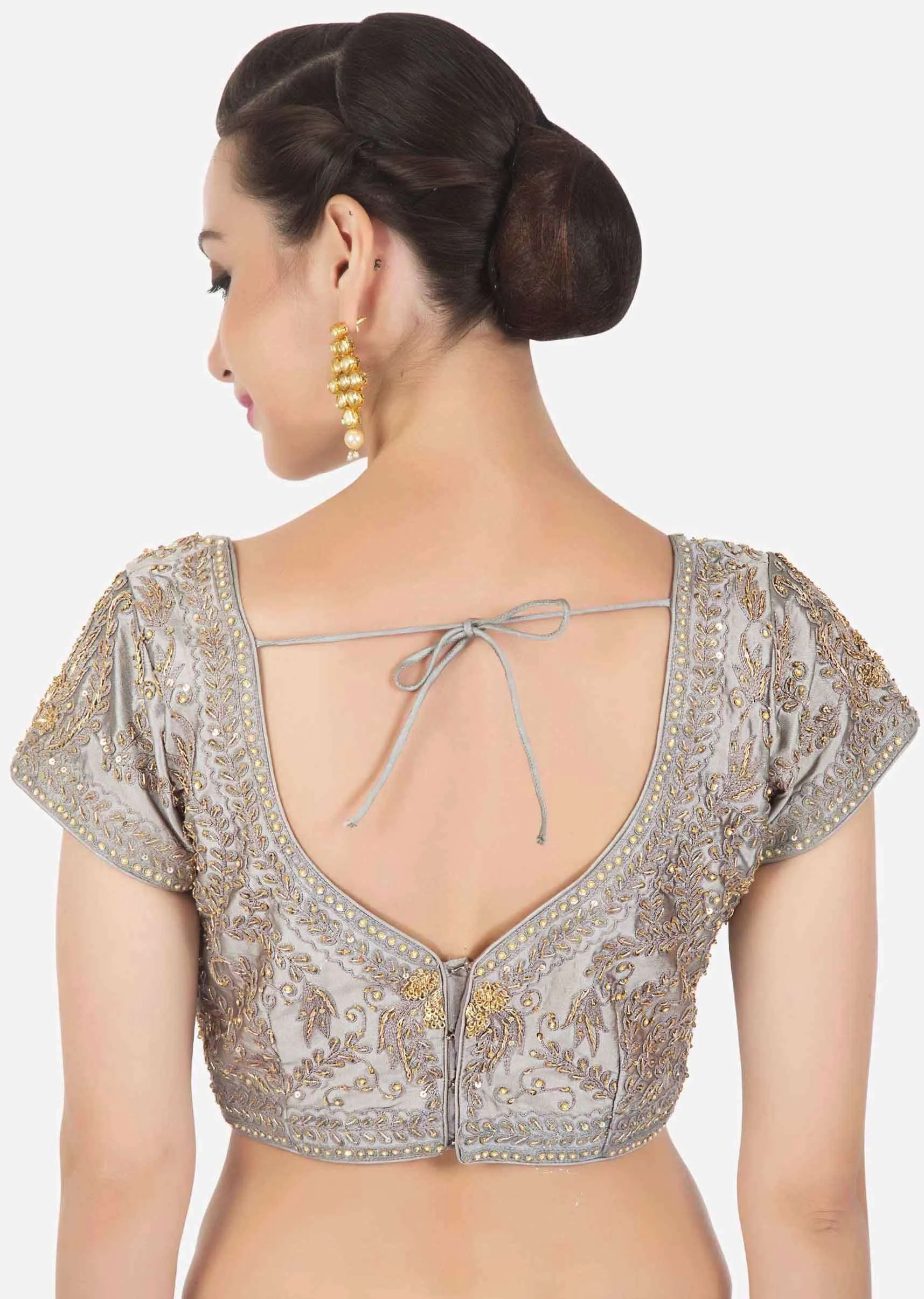 Frost grey saree in satin crepe with thread and kundan border only on Kalki