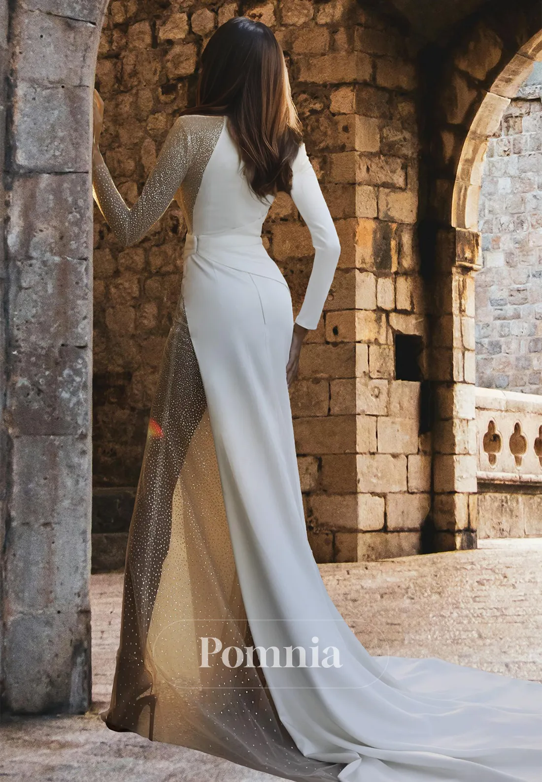 Glamorous Scoop Long Sleeves Side Slit Sweep Train Sequins Satin Wedding Dress