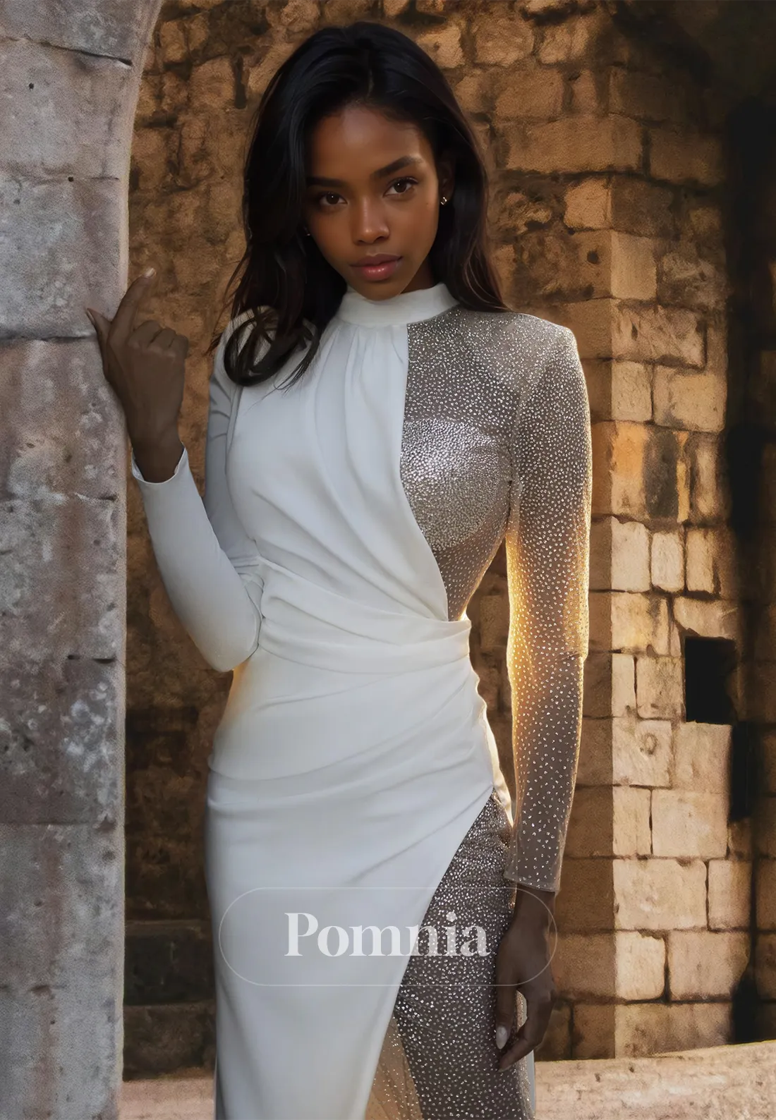 Glamorous Scoop Long Sleeves Side Slit Sweep Train Sequins Satin Wedding Dress