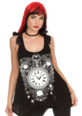 Gothic Skull & Clock Sheer Skull Lace Back w/ Bow Flare Tank Top