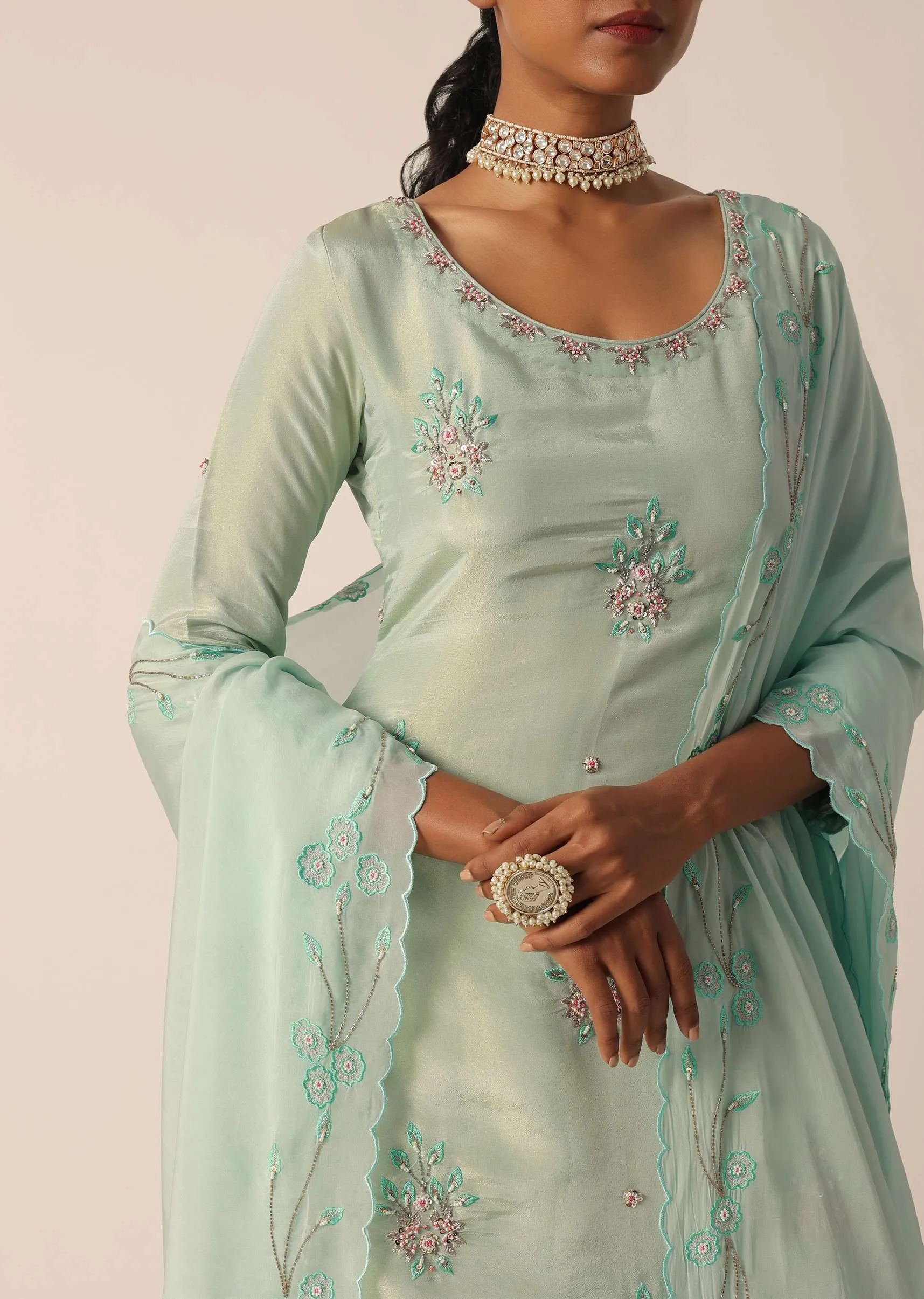Green Chiffon Embroidered Kurta And Palazzo Set With Patchwork