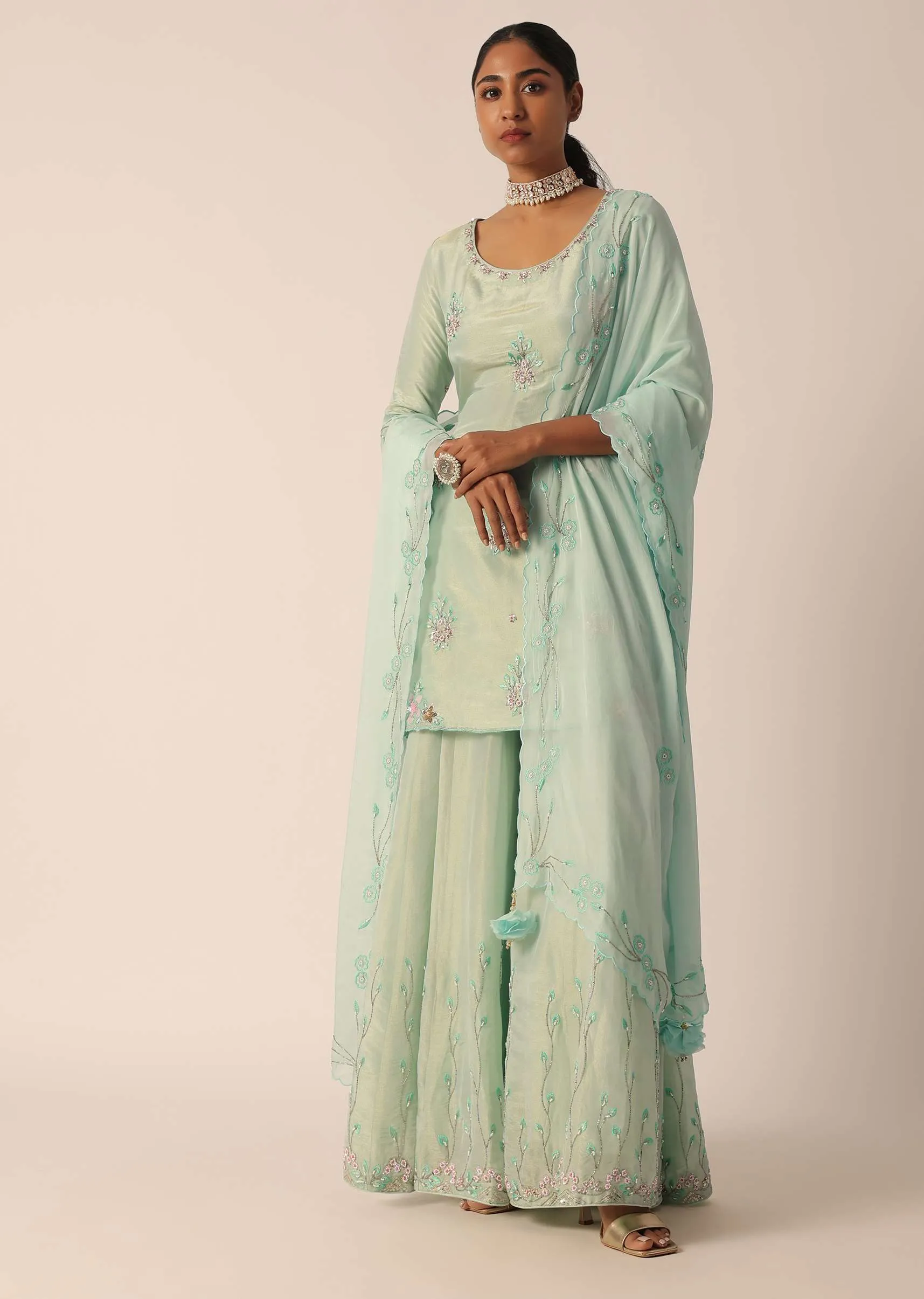Green Chiffon Embroidered Kurta And Palazzo Set With Patchwork