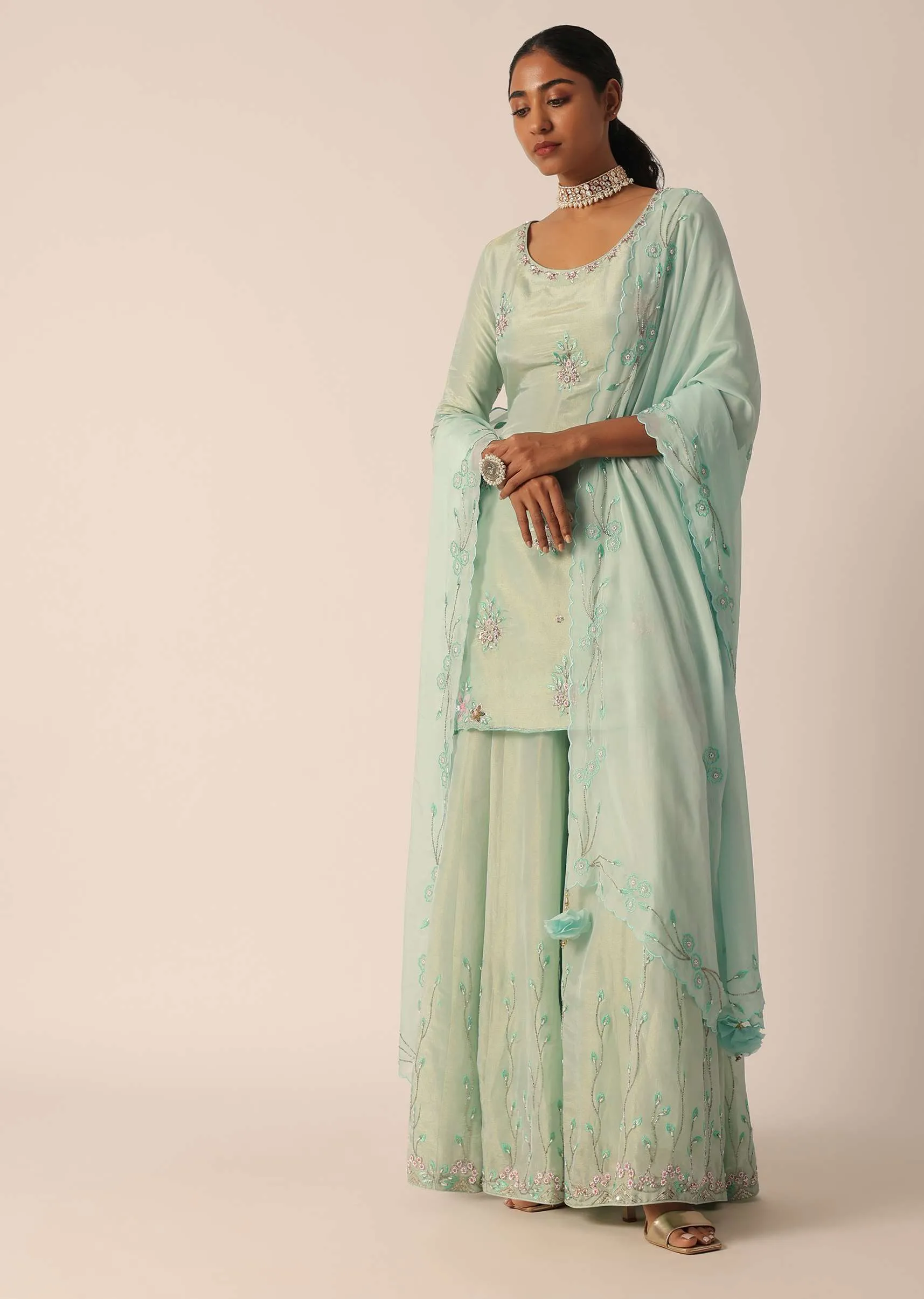 Green Chiffon Embroidered Kurta And Palazzo Set With Patchwork