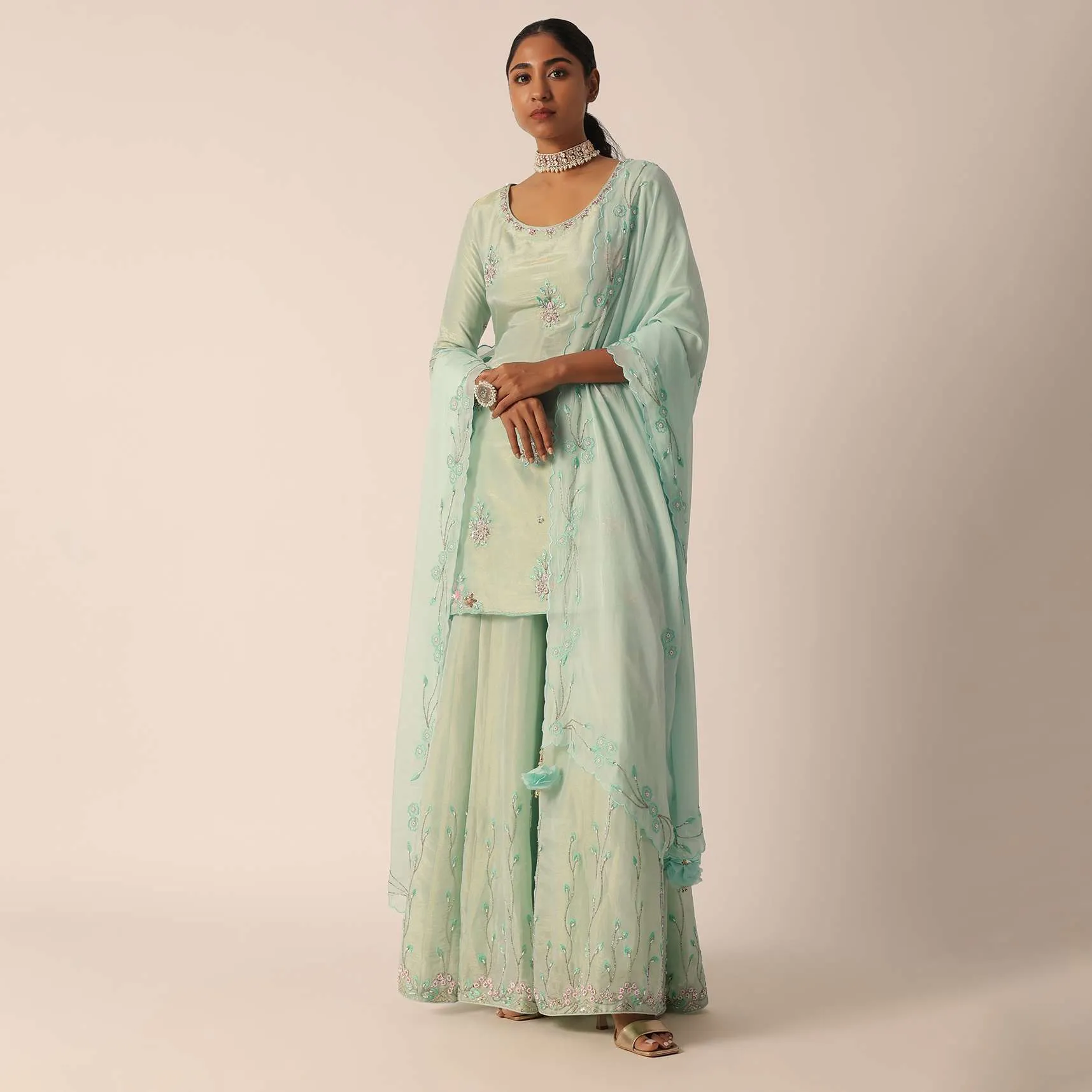 Green Chiffon Embroidered Kurta And Palazzo Set With Patchwork