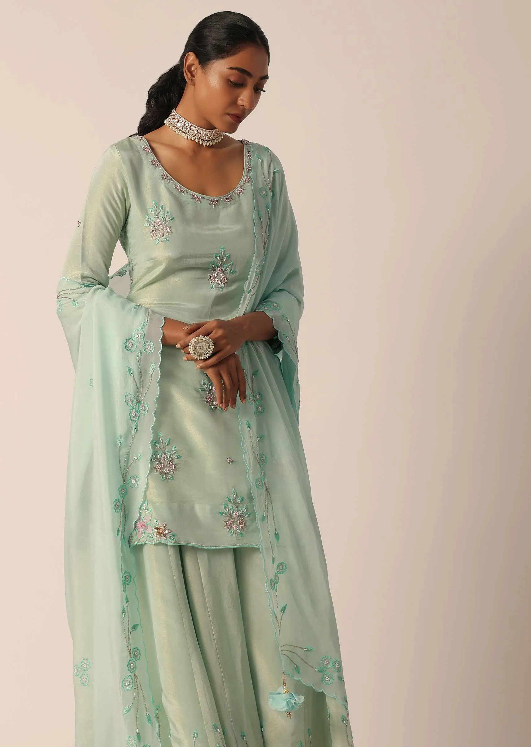 Green Chiffon Embroidered Kurta And Palazzo Set With Patchwork