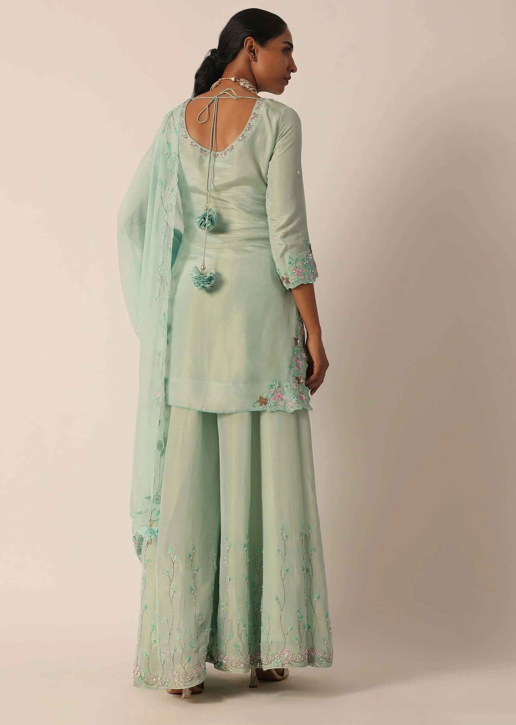 Green Chiffon Embroidered Kurta And Palazzo Set With Patchwork