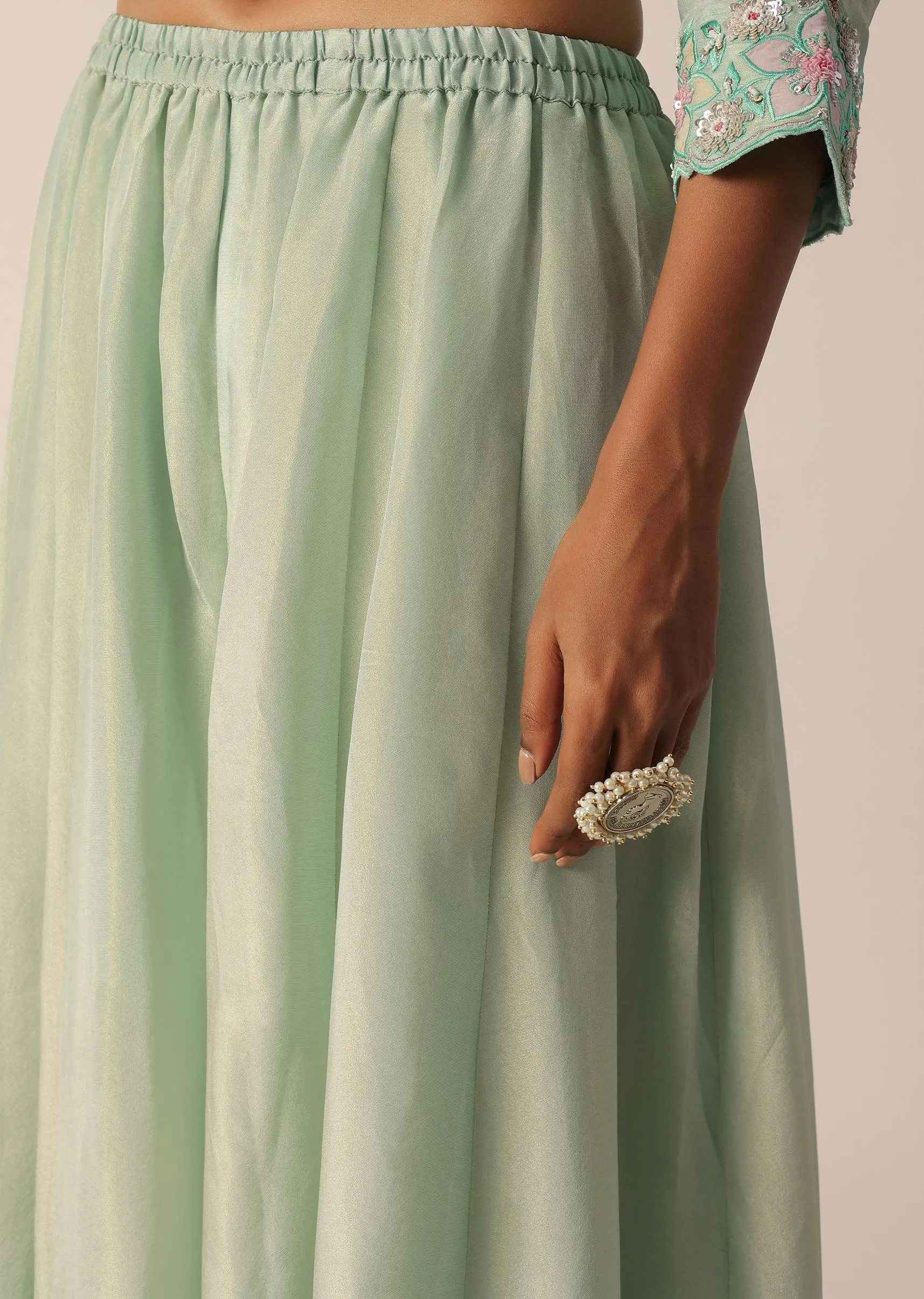 Green Chiffon Embroidered Kurta And Palazzo Set With Patchwork