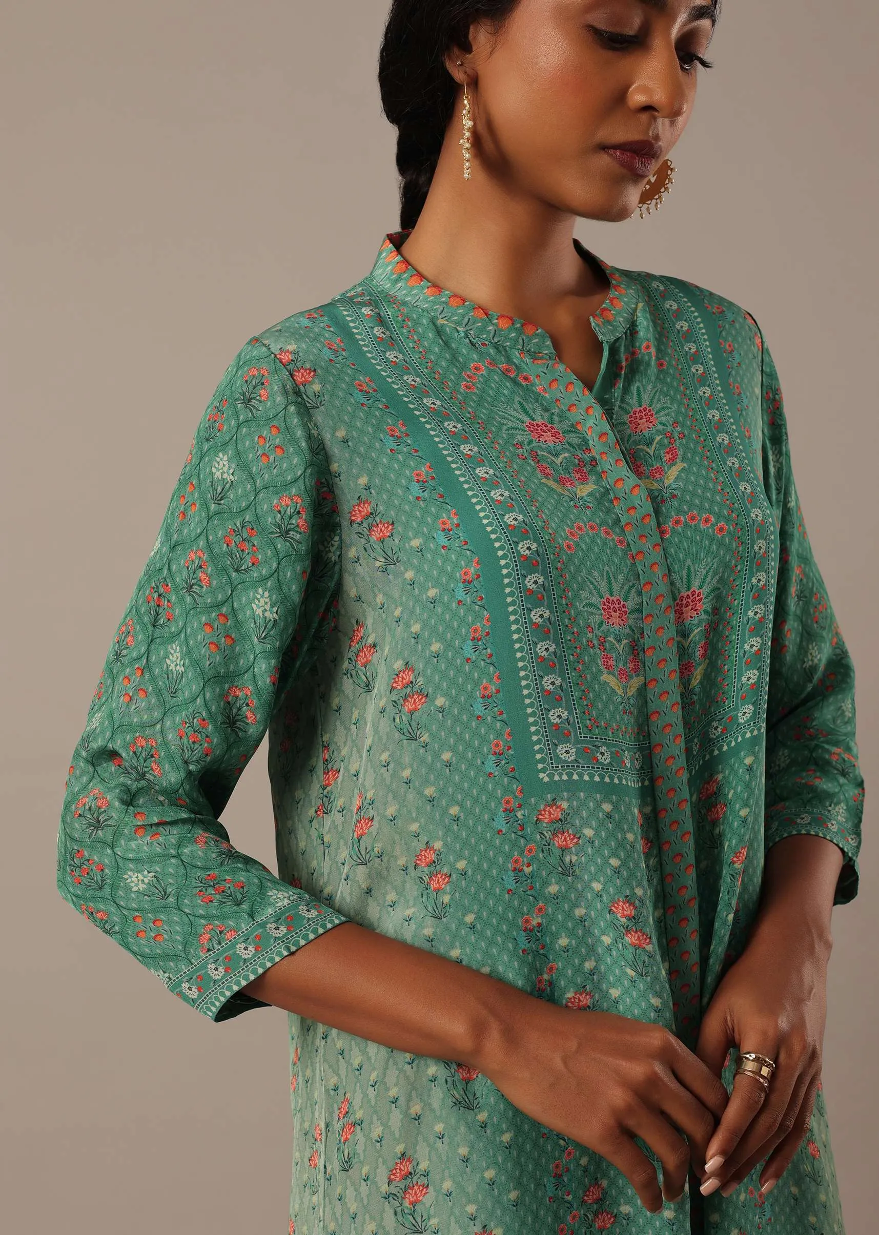 Green Chiffon Short Kurti And Pant Set With Floral Prints