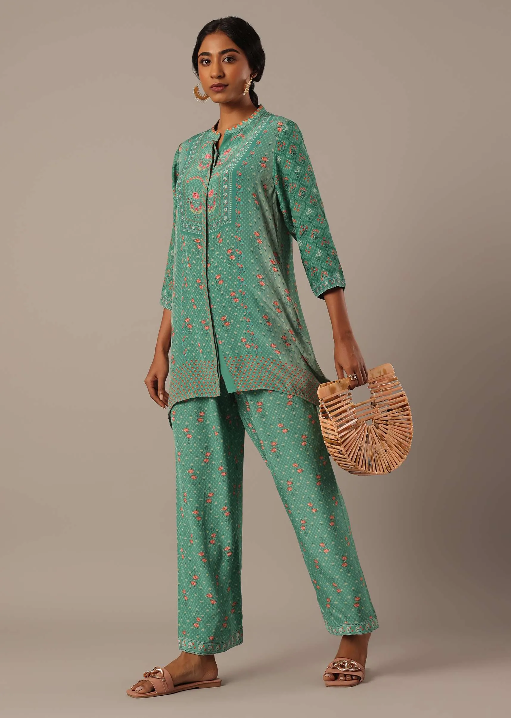 Green Chiffon Short Kurti And Pant Set With Floral Prints