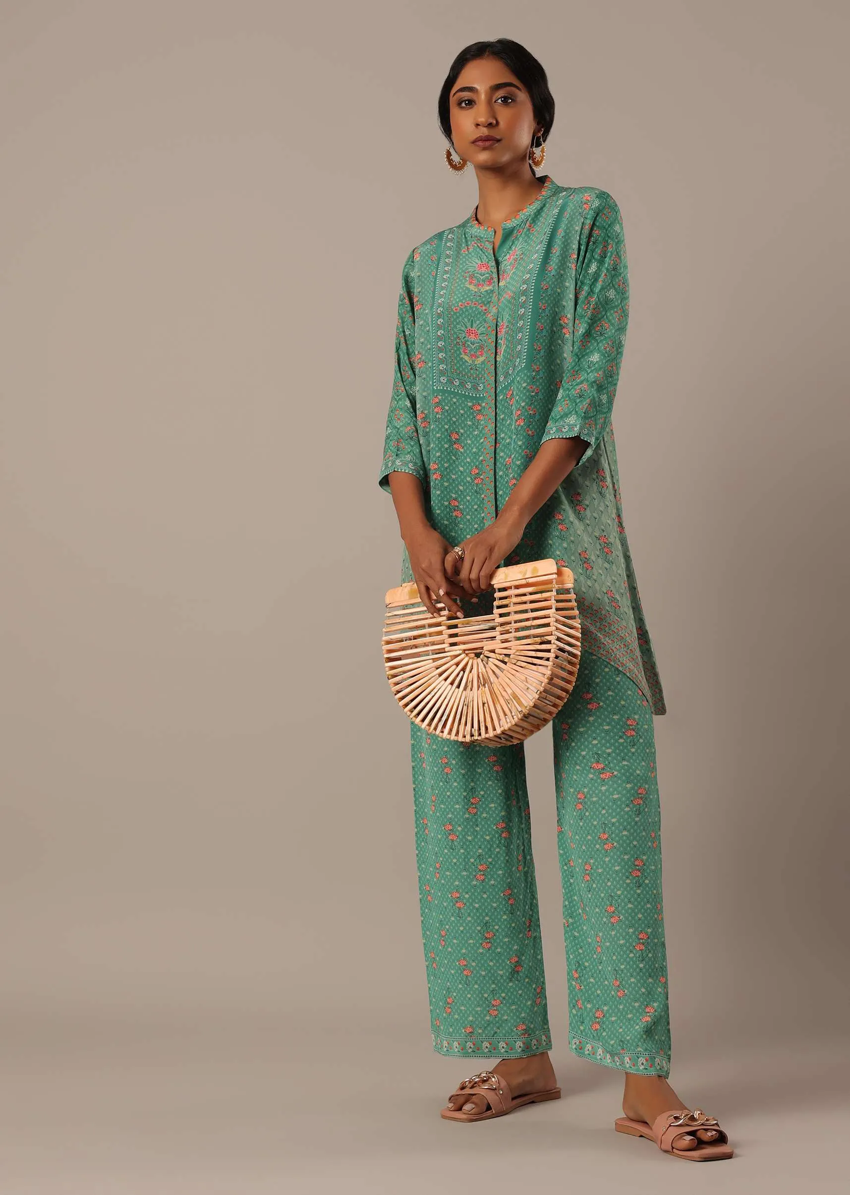 Green Chiffon Short Kurti And Pant Set With Floral Prints