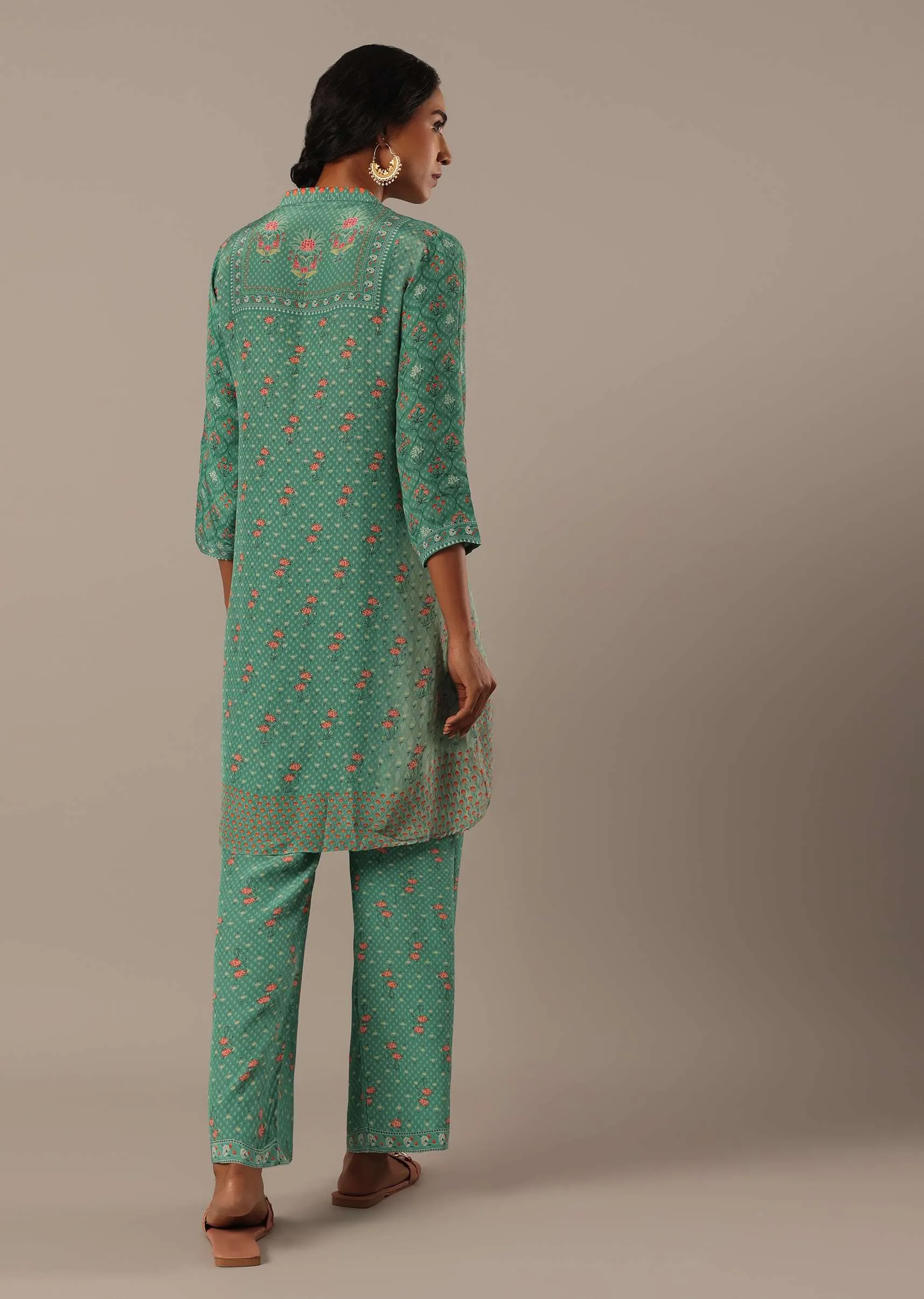 Green Chiffon Short Kurti And Pant Set With Floral Prints