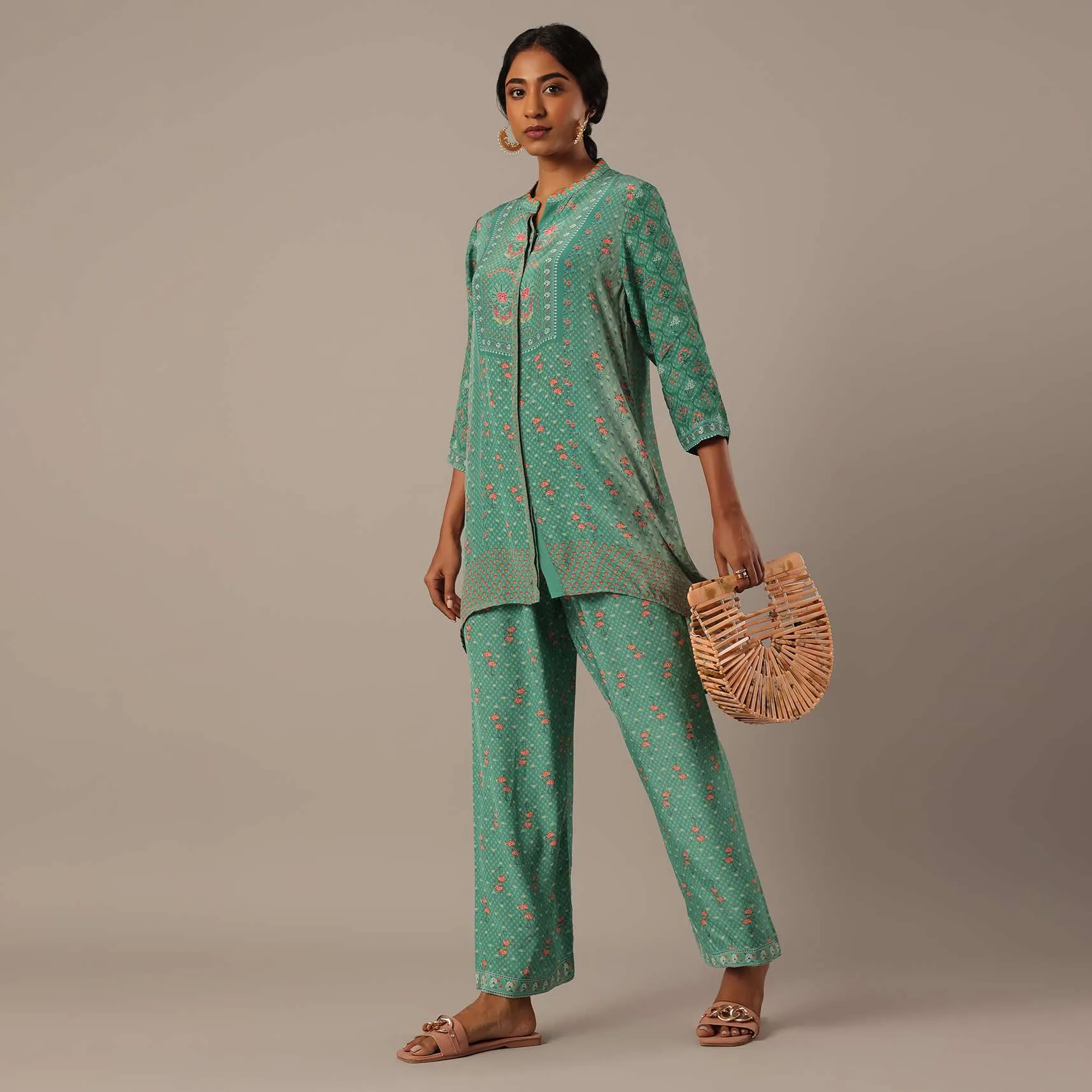 Green Chiffon Short Kurti And Pant Set With Floral Prints