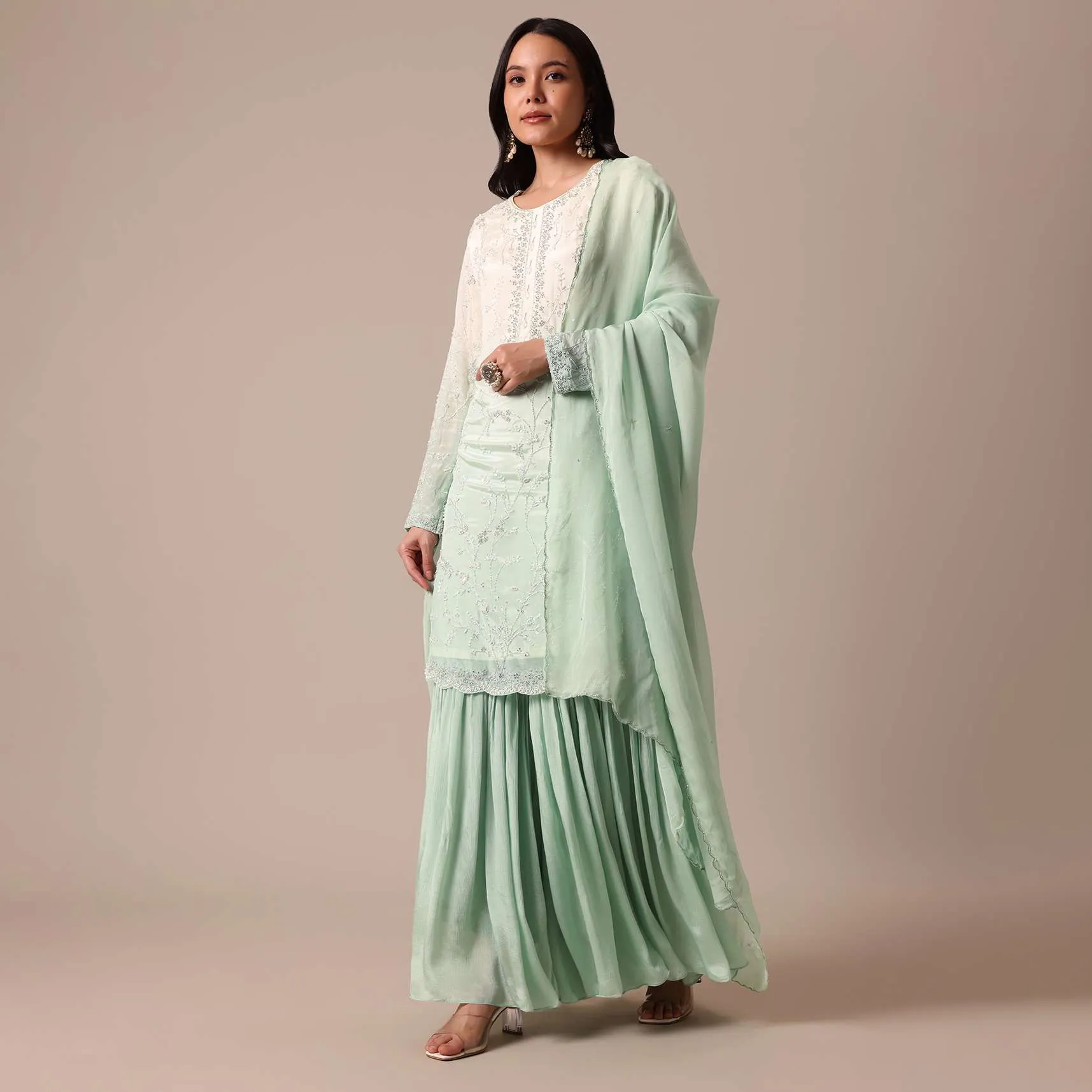 Green Tie Dye Shaded Kurta Sharara Set With Sequin Work