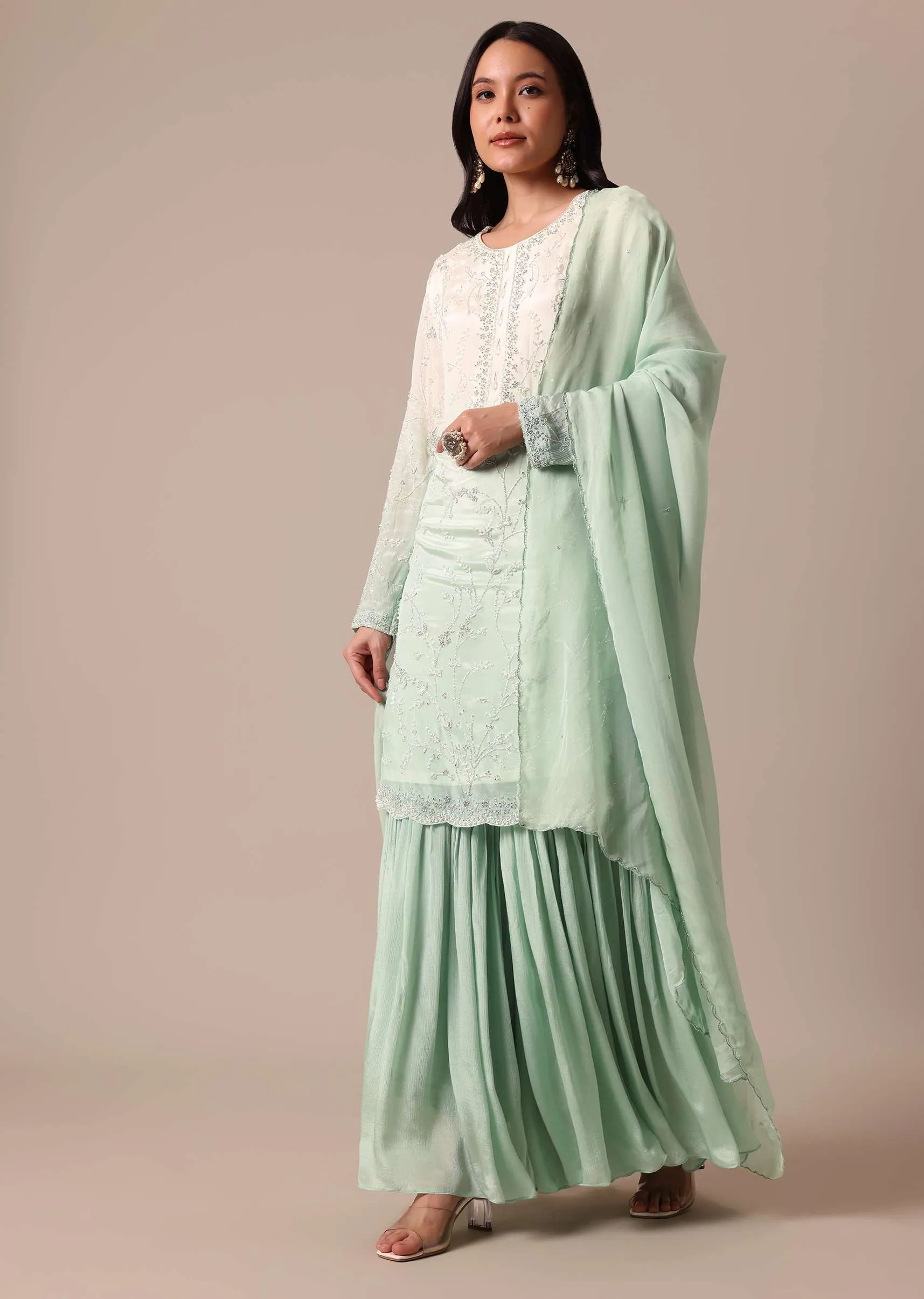 Green Tie Dye Shaded Kurta Sharara Set With Sequin Work