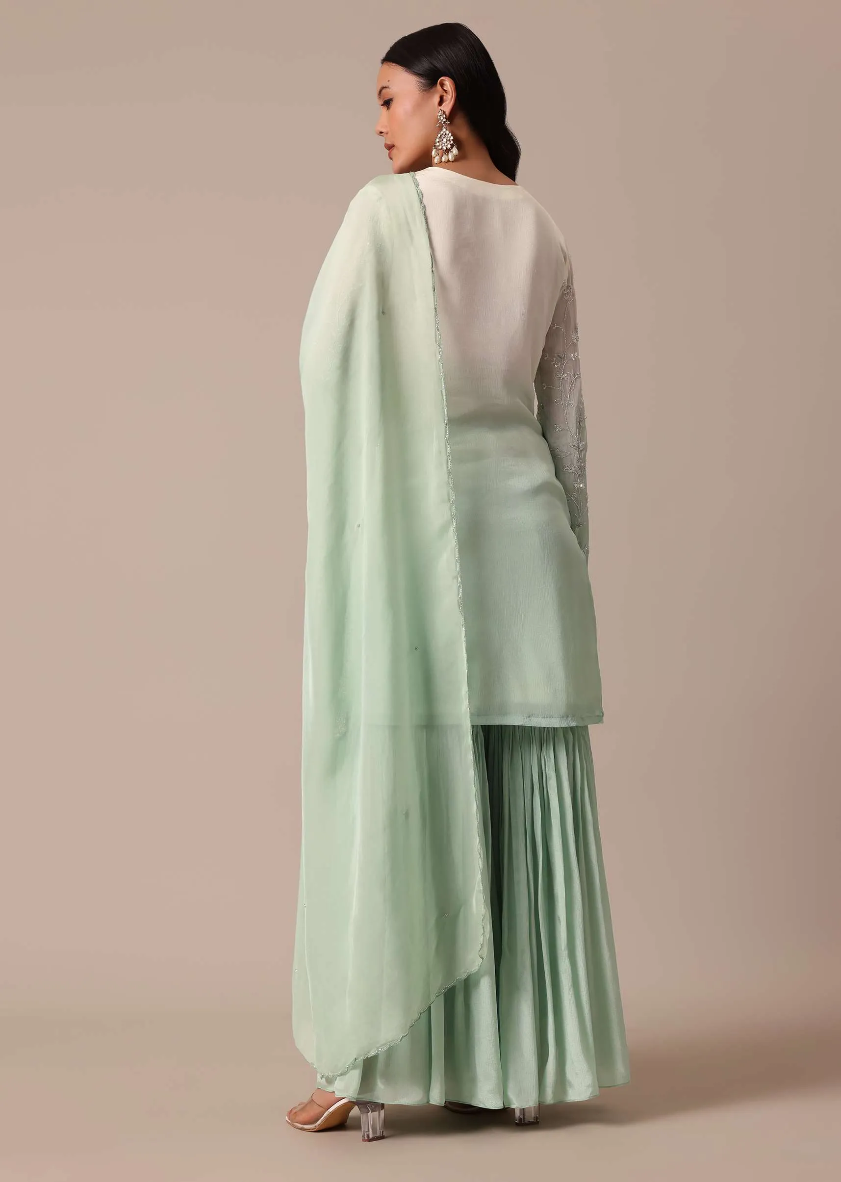 Green Tie Dye Shaded Kurta Sharara Set With Sequin Work
