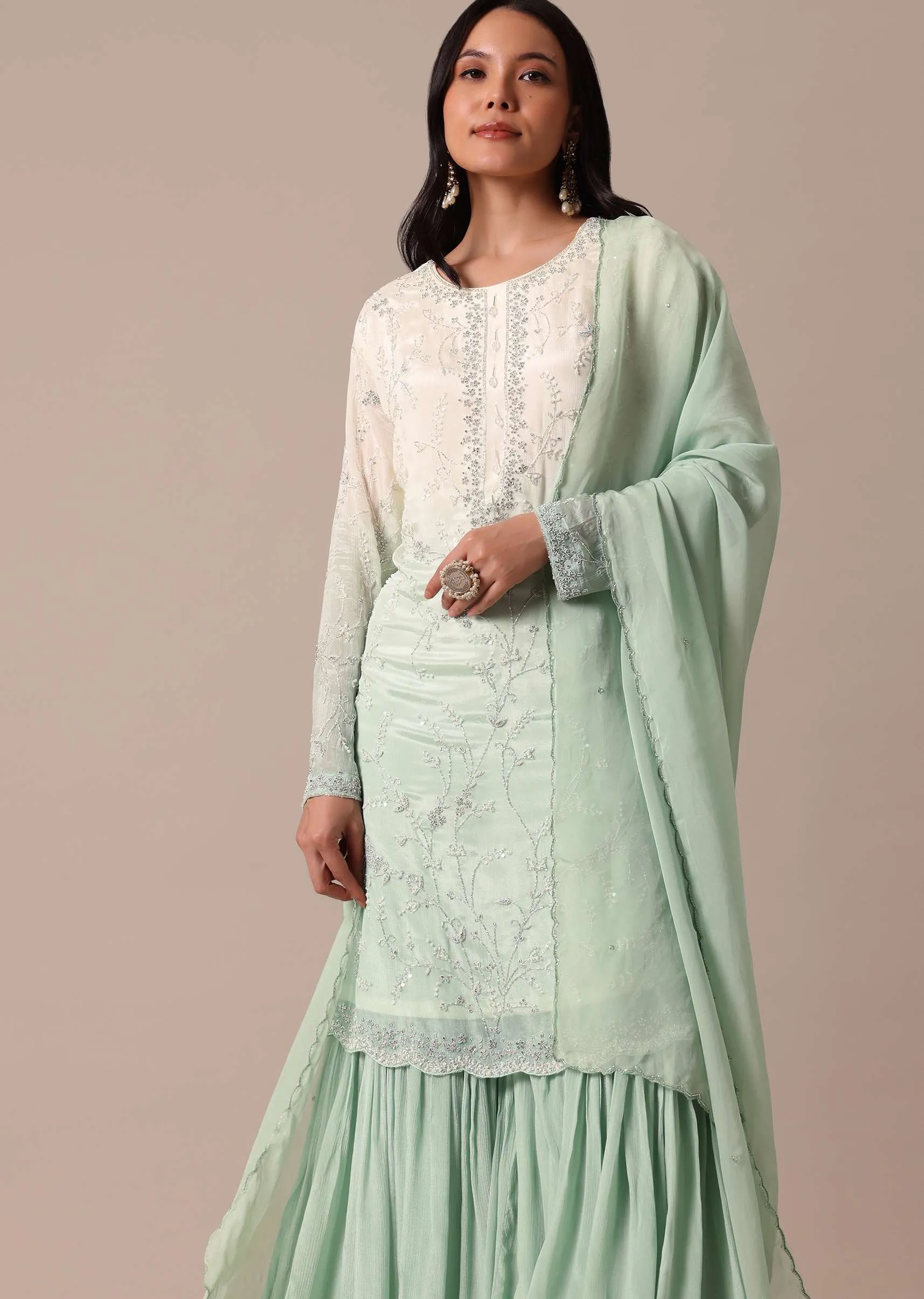 Green Tie Dye Shaded Kurta Sharara Set With Sequin Work