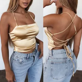 Hohe Qualität 2021 Neue Mode Frauen Sexy Stil Satin Seide Backless Zurück Verband Weste Bluse Tops Strappy Sommer Strand Cami tank