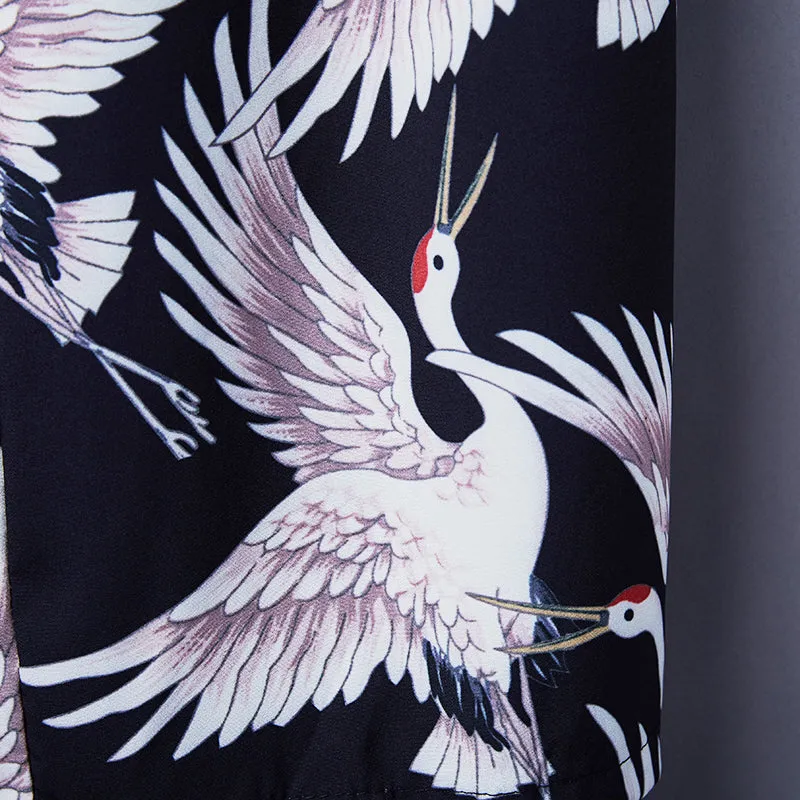 Japanese Crane Print Wide Leg Ninth Pants