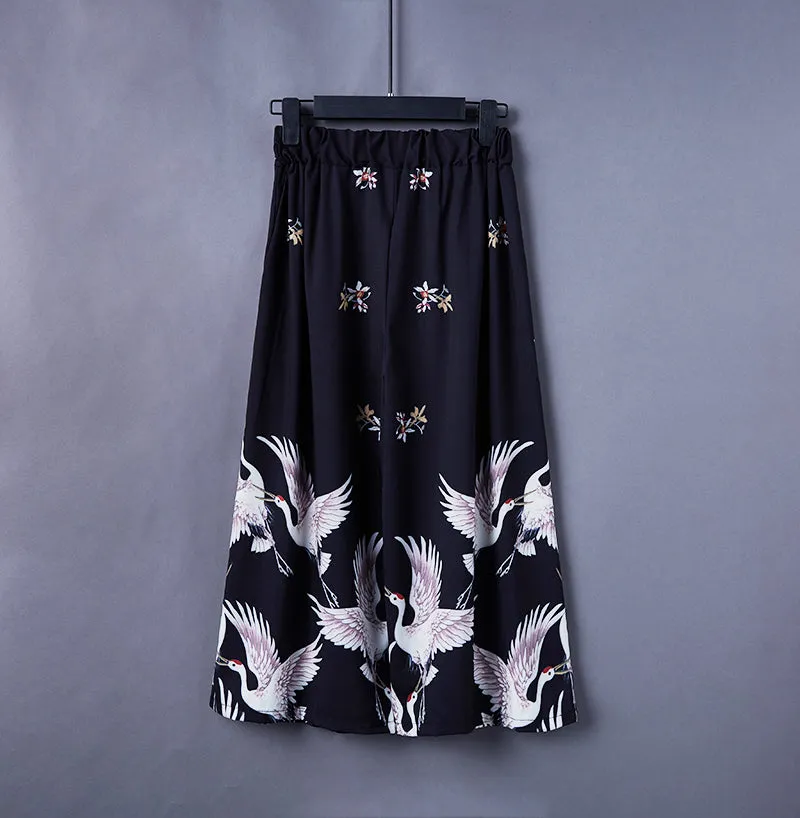 Japanese Crane Print Wide Leg Ninth Pants
