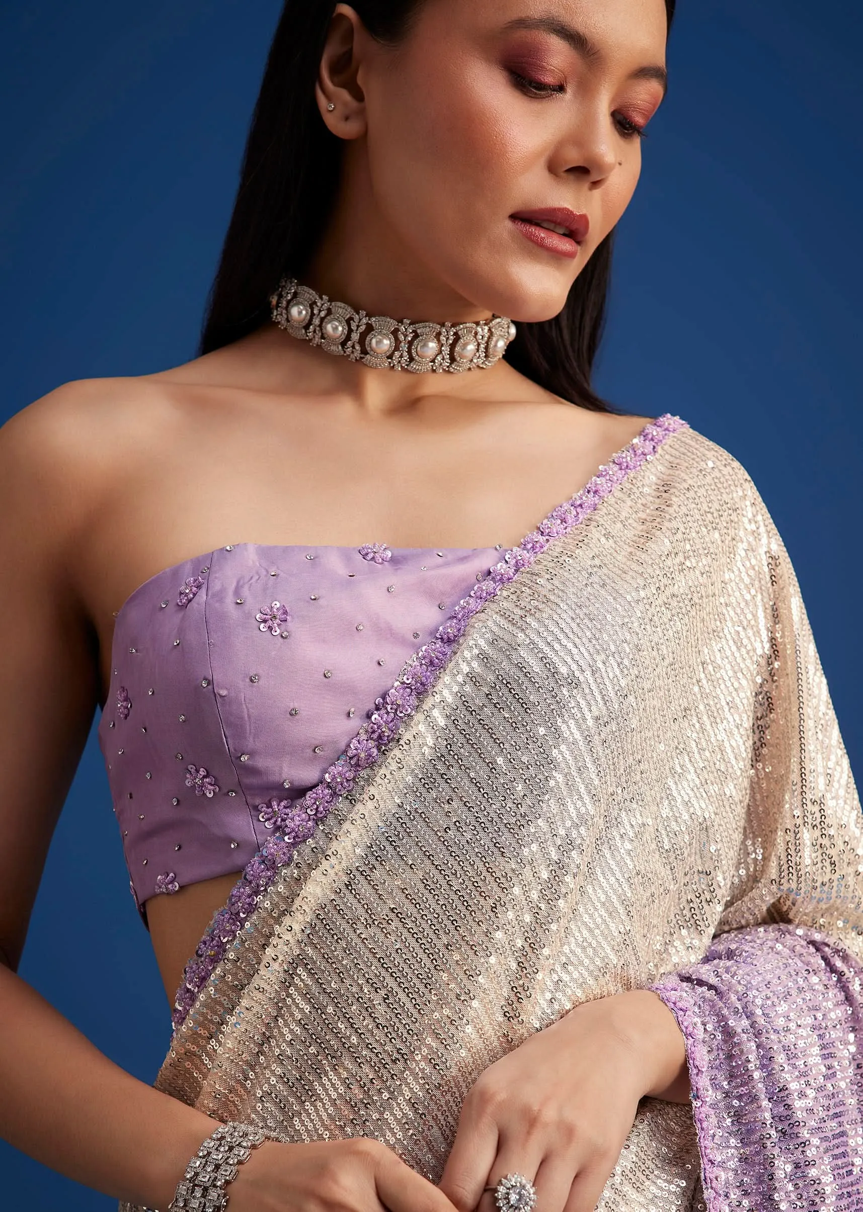 Lavender Purple Ombre Sequins Saree With An Embellished Border