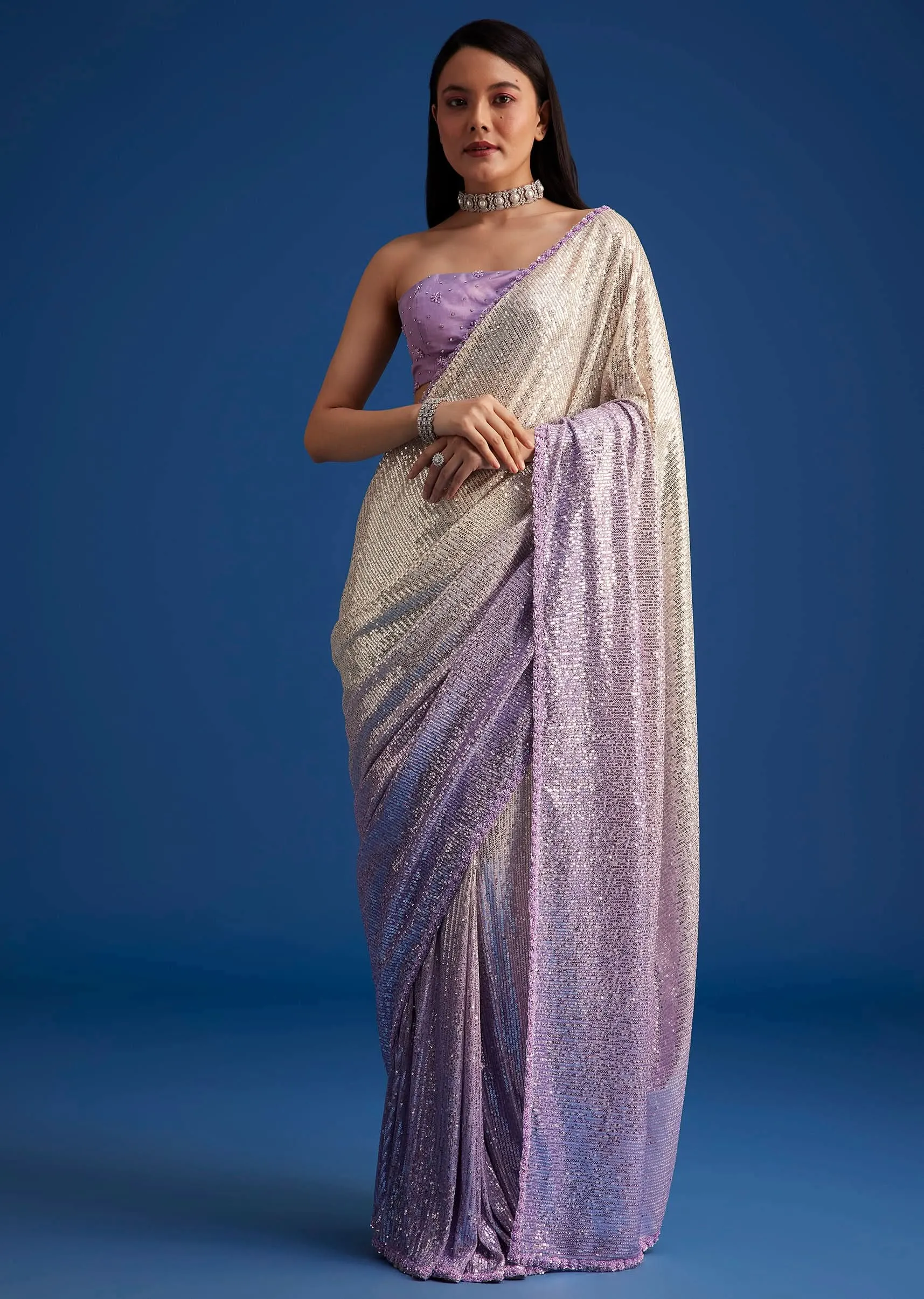 Lavender Purple Ombre Sequins Saree With An Embellished Border