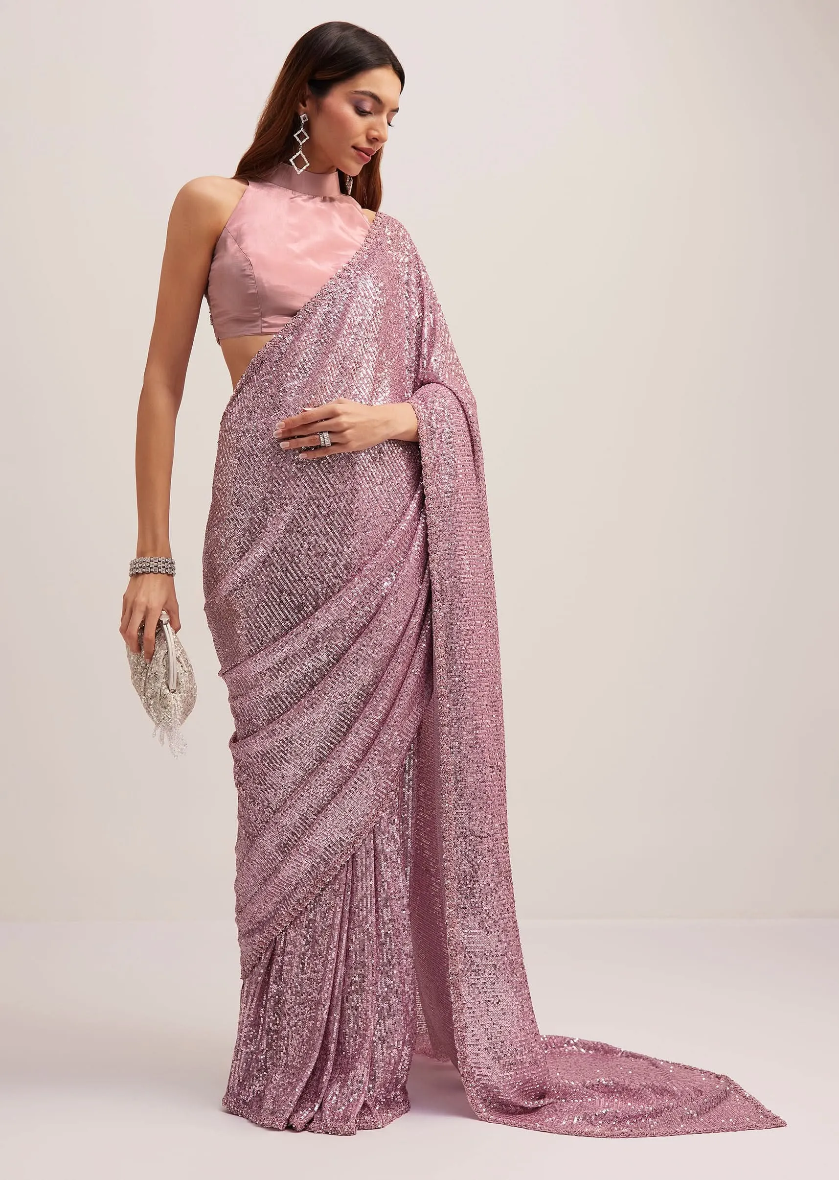 Lilac Purple Sequins Saree With An Embellished Border
