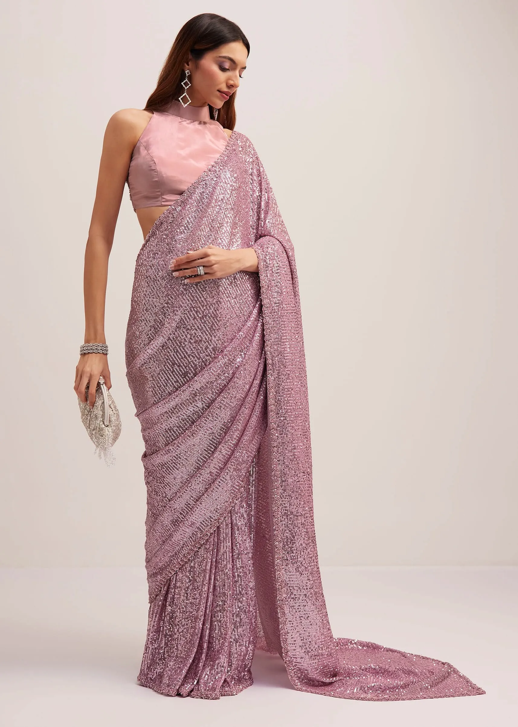 Lilac Purple Sequins Saree With An Embellished Border