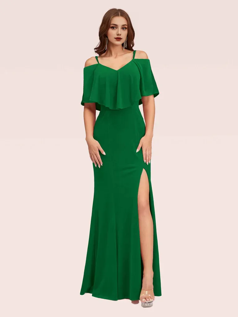 Long Bridesmaid Dresses Cold Shoulder Velvet Mermaid With Slit