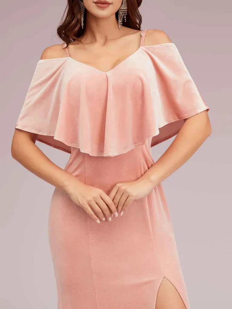 Long Bridesmaid Dresses Cold Shoulder Velvet Mermaid With Slit