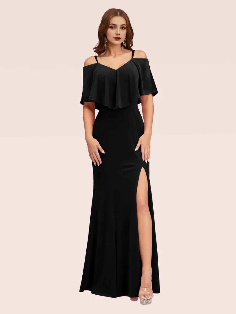 Long Bridesmaid Dresses Cold Shoulder Velvet Mermaid With Slit