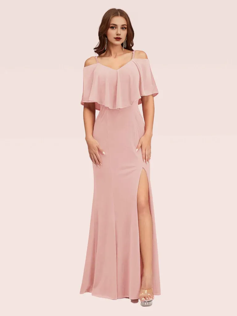 Long Bridesmaid Dresses Cold Shoulder Velvet Mermaid With Slit