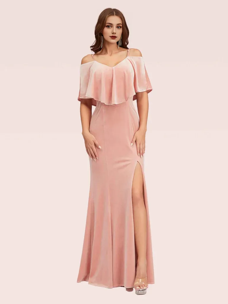Long Bridesmaid Dresses Cold Shoulder Velvet Mermaid With Slit