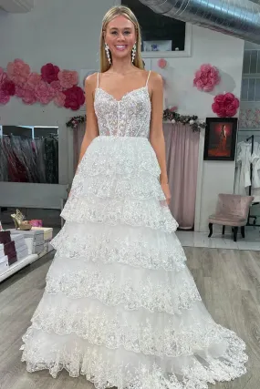 Long Prom Dresses Sparkly Straps Tiered Sequin Embroidery