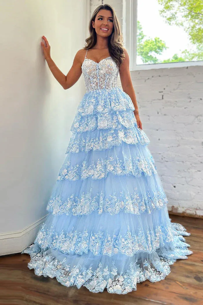 Long Prom Dresses Sparkly Straps Tiered Sequin Embroidery