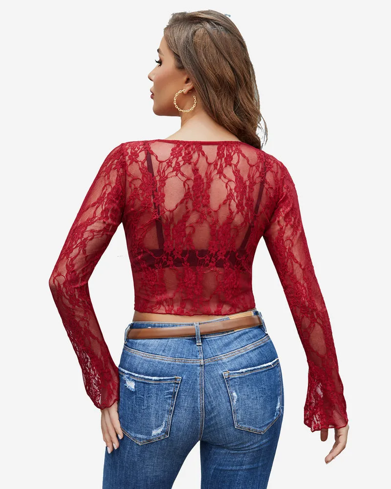 Long Sleeve Sheer Floral Lace Tops