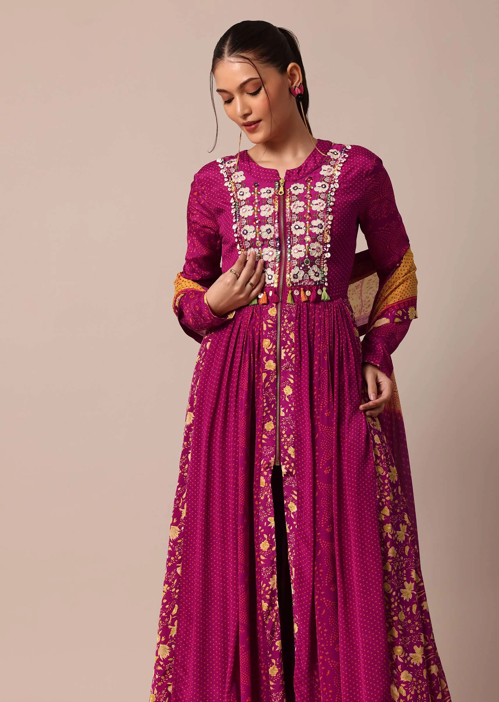 Magenta Pink Printed Embroidery Anarkali Pant Set With Dupatta